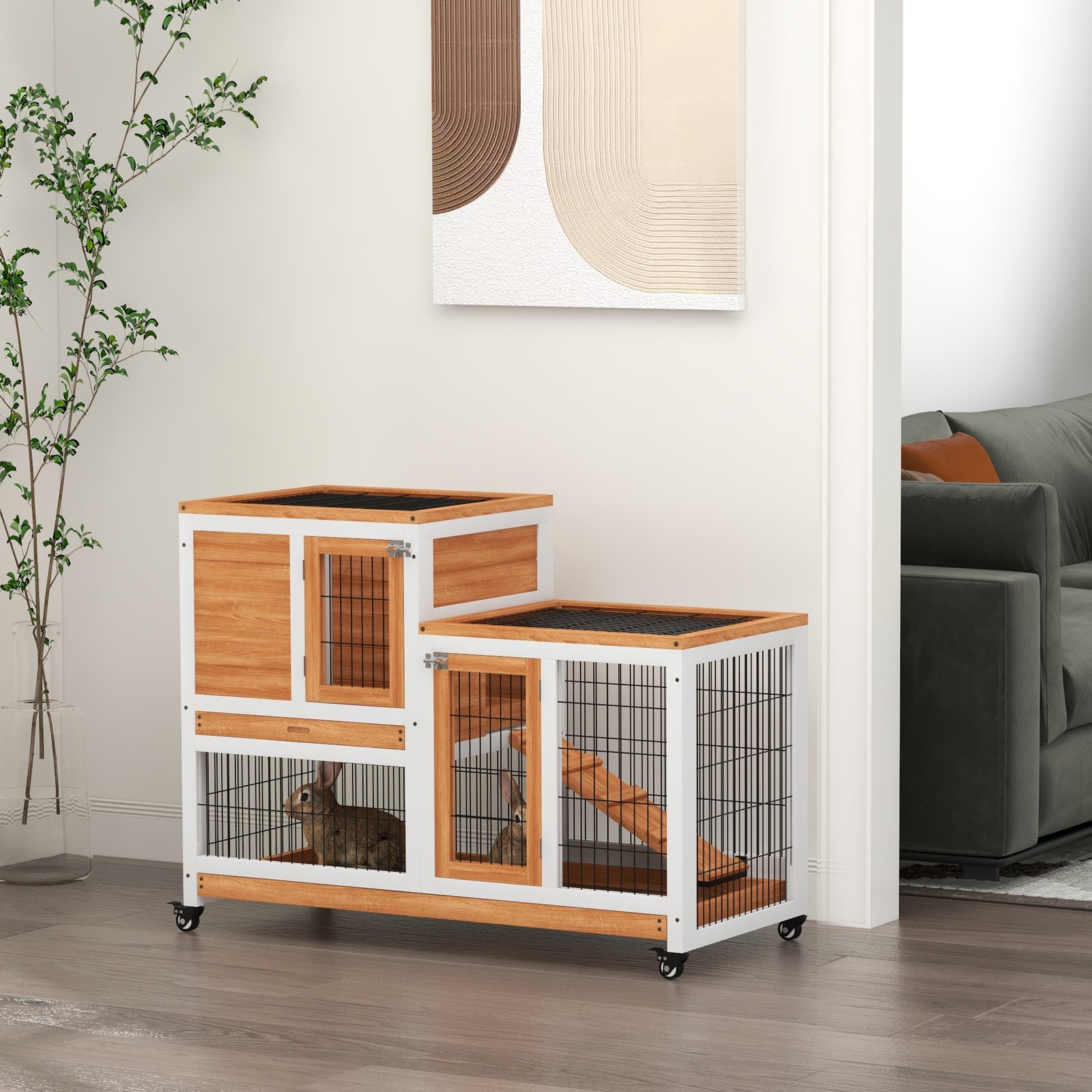 Wooden Indoor Rabbit Hutch Elevated Bunny Cage With Enclosed Run W/ Wheel | Yellow