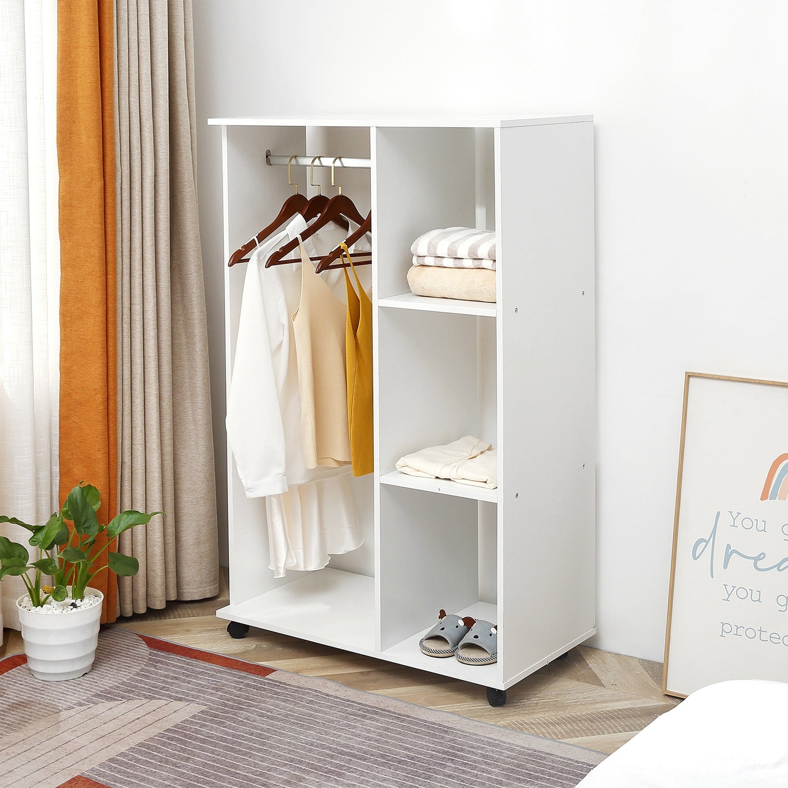 Rolling Open Wardrobe Hanging Rail Storage Shelves Clothes | One Size | White