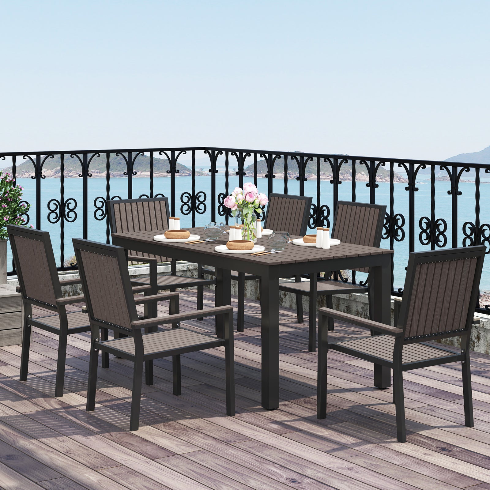 6 Seater Aluminium Garden Dining Set With Stackable Chairs | Brown