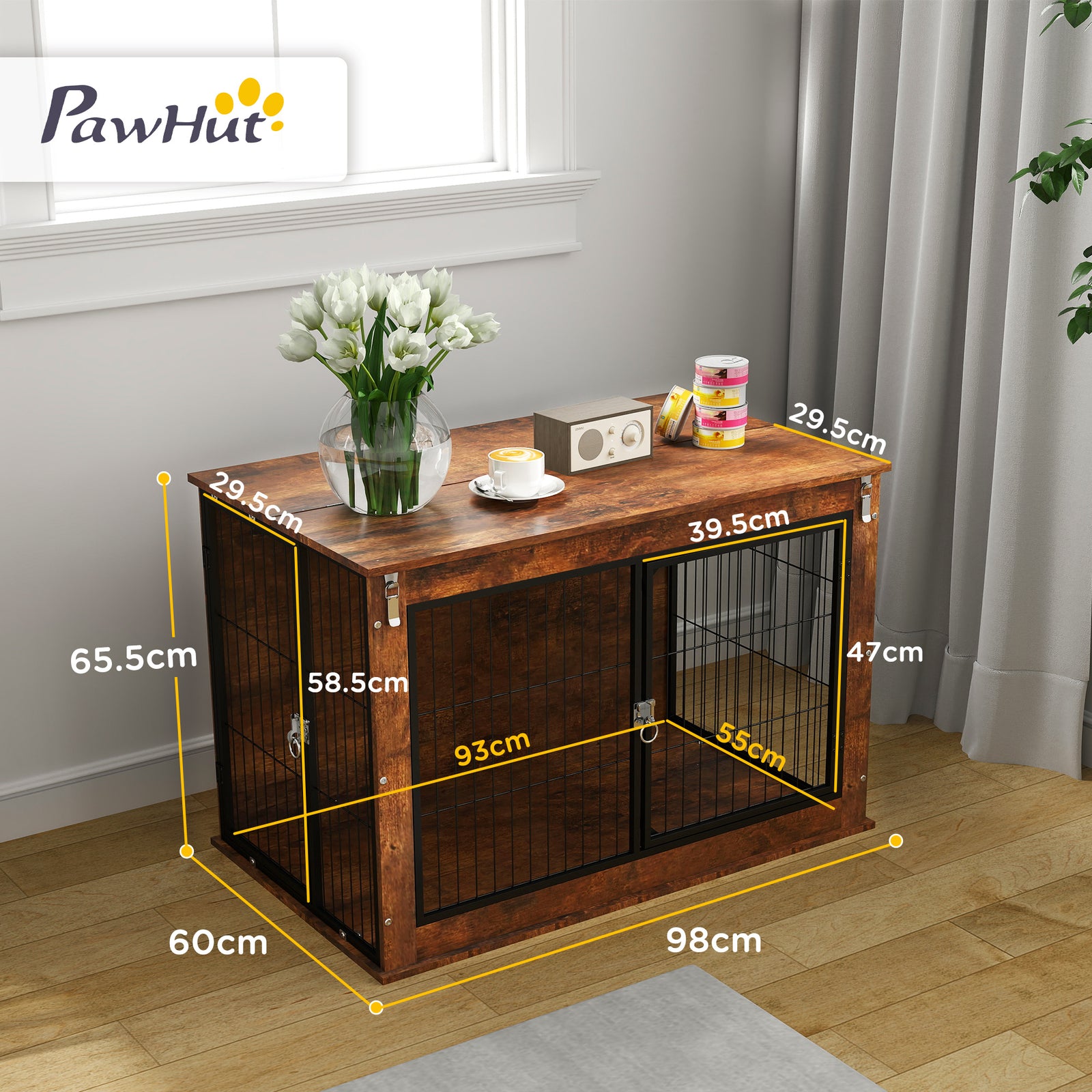 Dog Crate Furniture With Flip-up Top, 2 Doors, For Dogs | Small | Brown