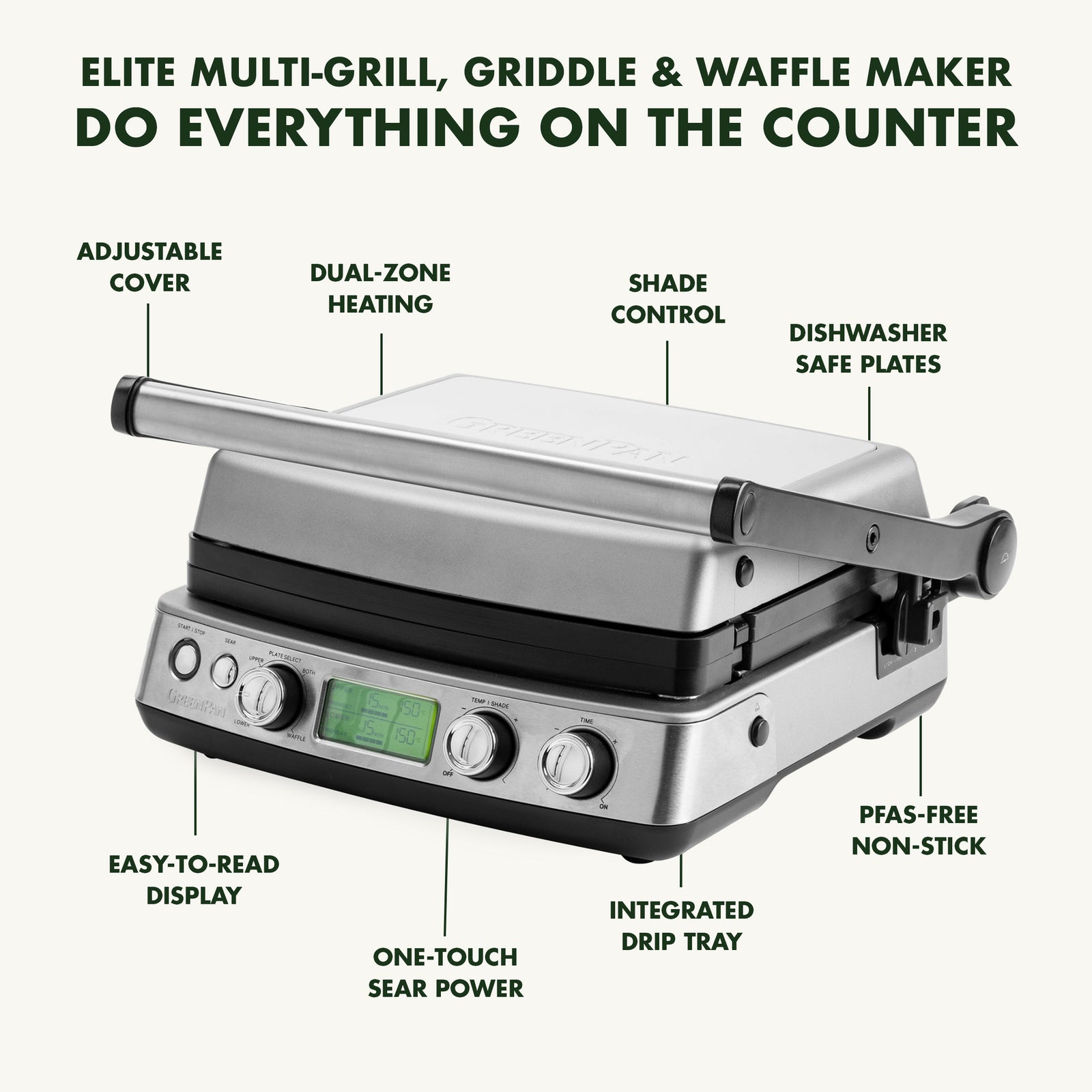 Elite 6-in-1 Contact Grill, Pfas-free Ceramic Non-stick, Adjustable Temperature | Silver