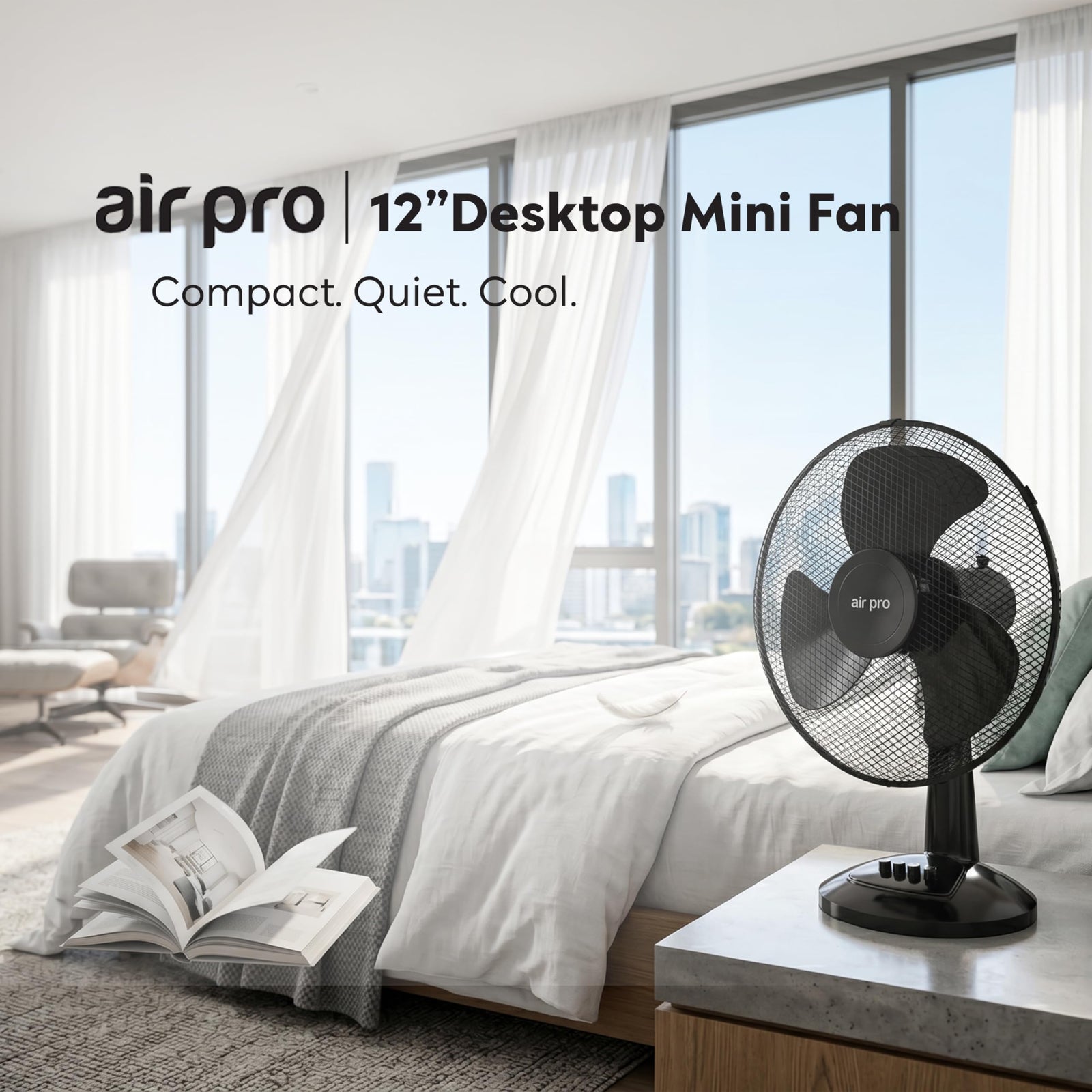 12in Desk Fan Table Tower Fan With Tilt Oscillating & 3 Speeds | Black