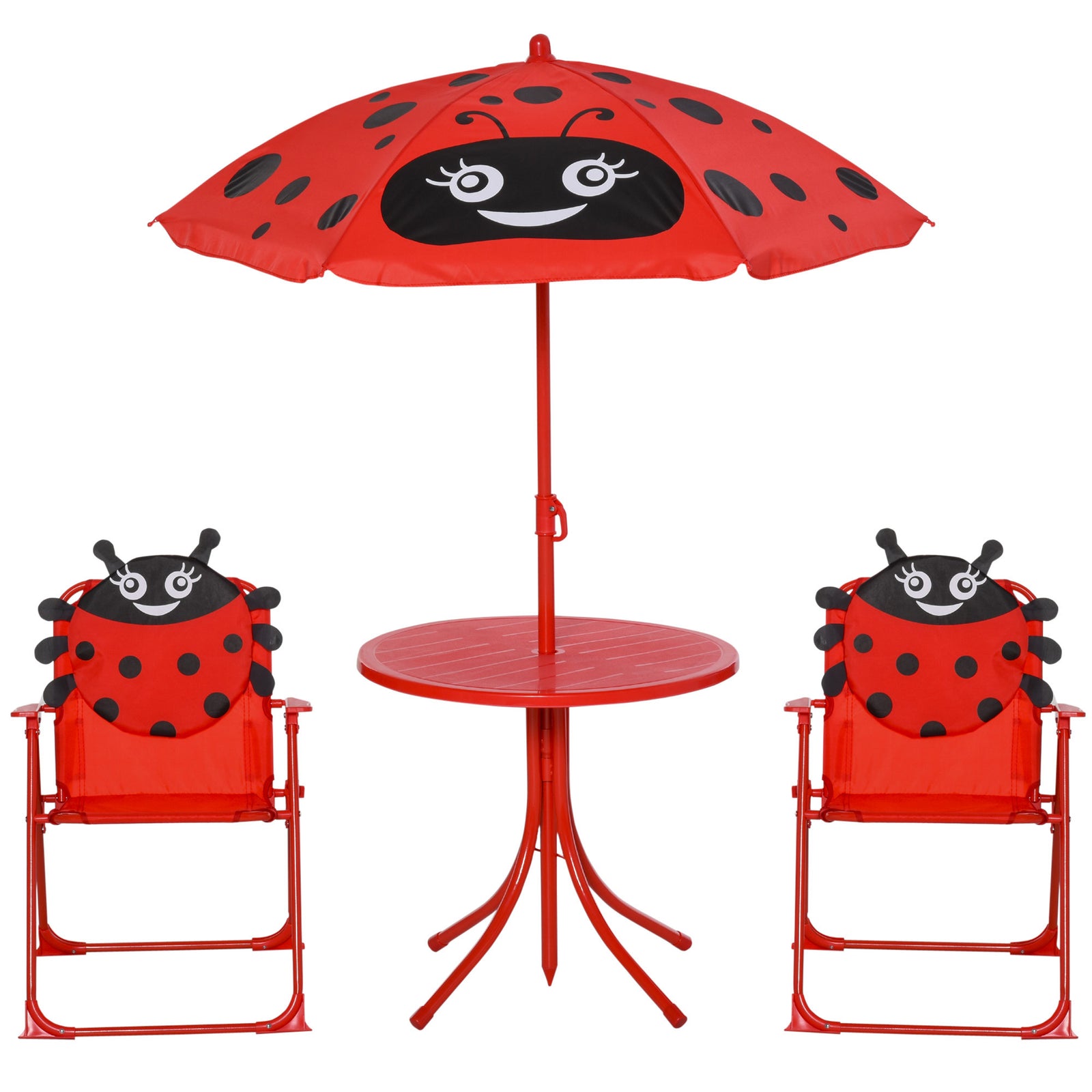Kids Folding Picnic Table Chair Set Ladybug Pattern Outdoor W/ Parasol | Red