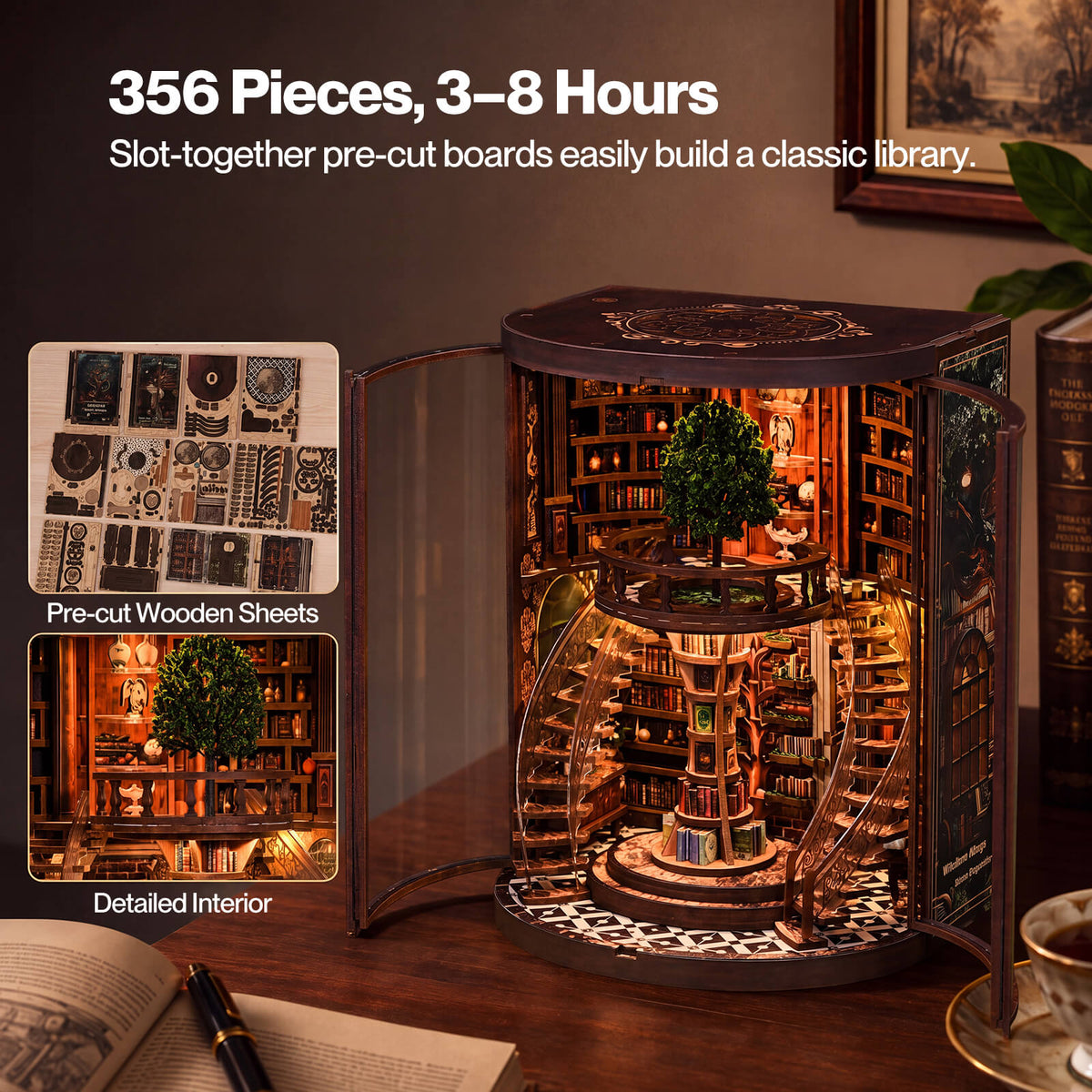 Book Nook Kit For Adults Library Diorama With Led, Shelf Decor, Walnut