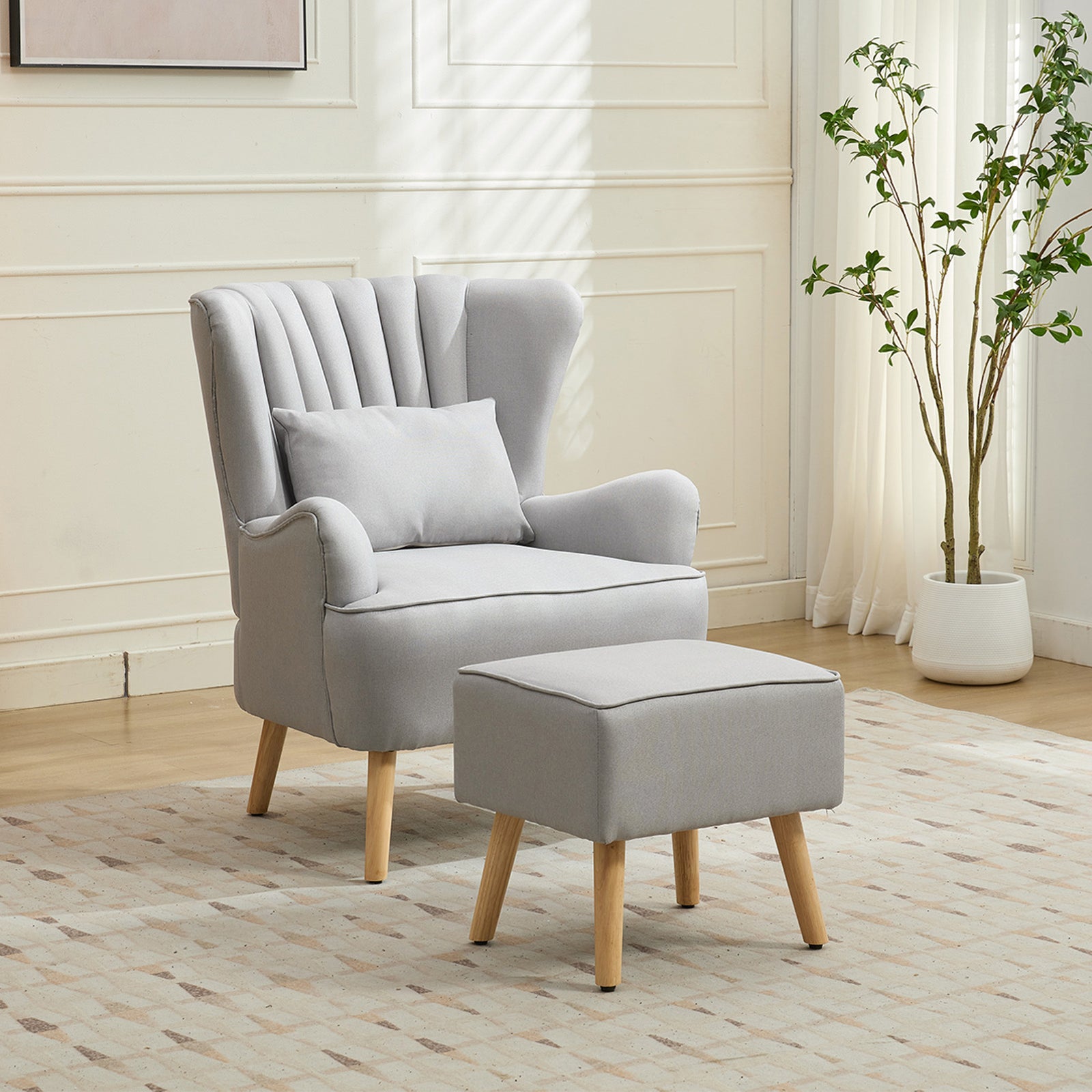 Modern Wingback Accent Chair Armchair With Footstool And Lumbar Pillow | Light Grey