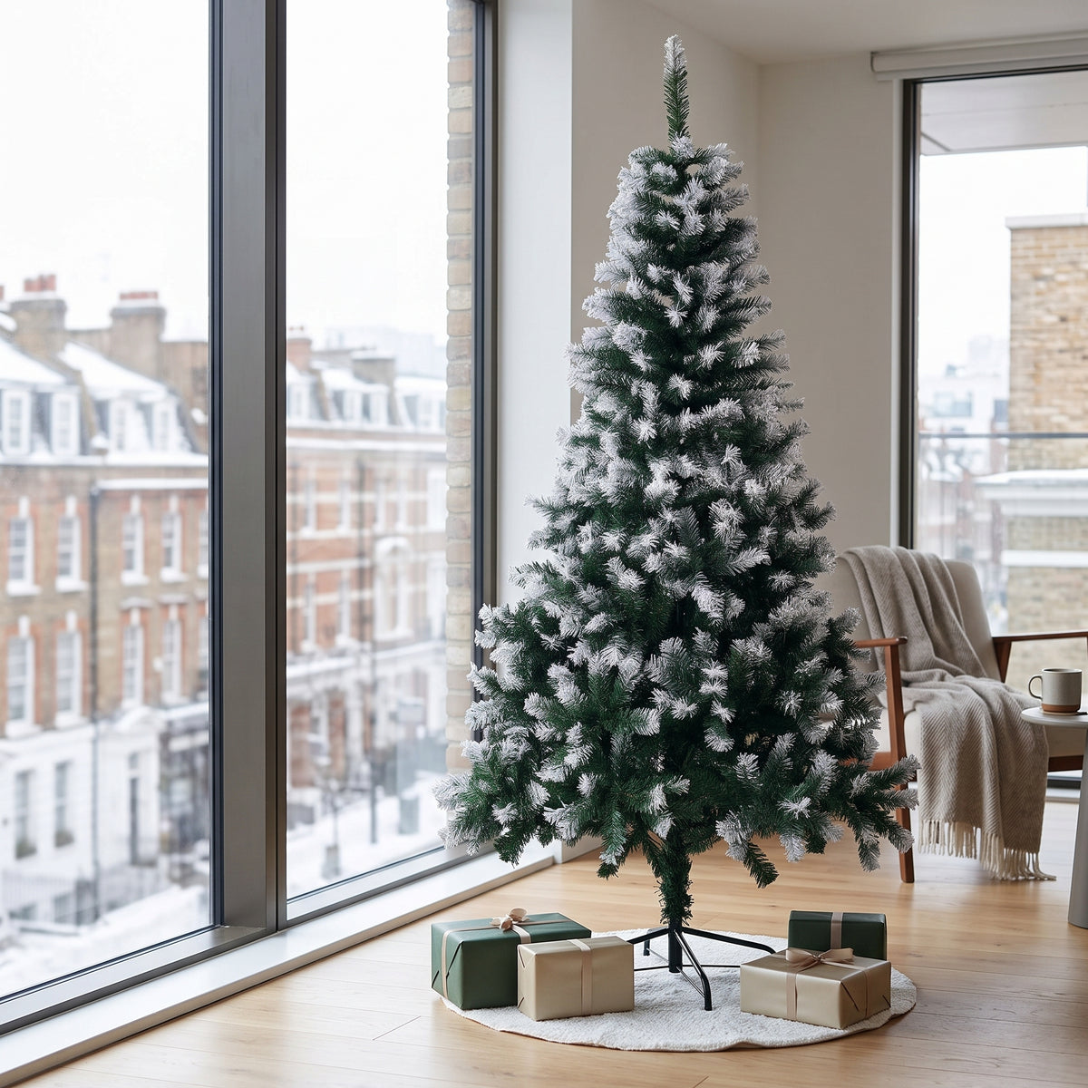 Breeins 180cm Snow-flocked Artificial Christmas Tree With Lush Green Branches