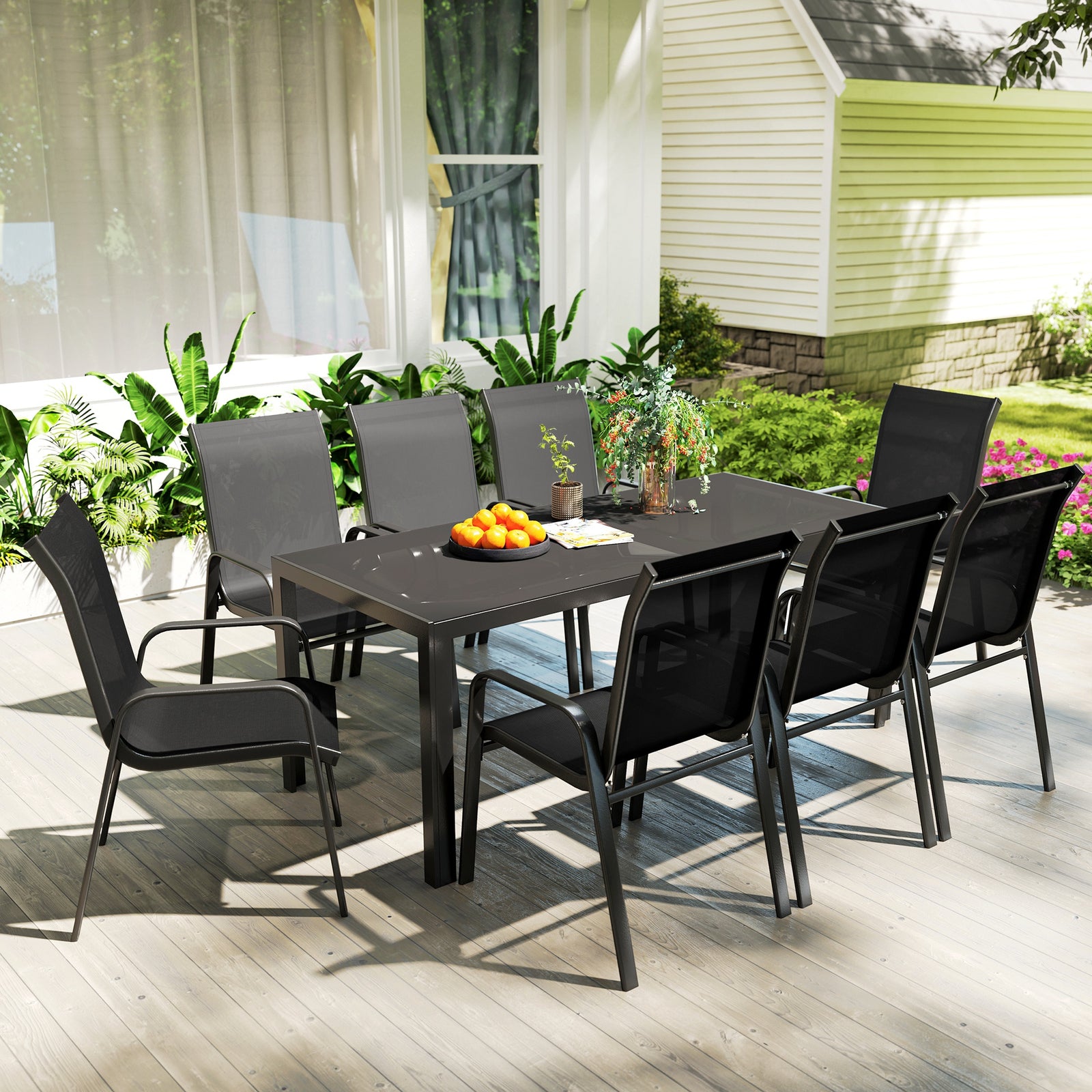 9 Pieces Patio Dining Set With Stackable Chairs | Black