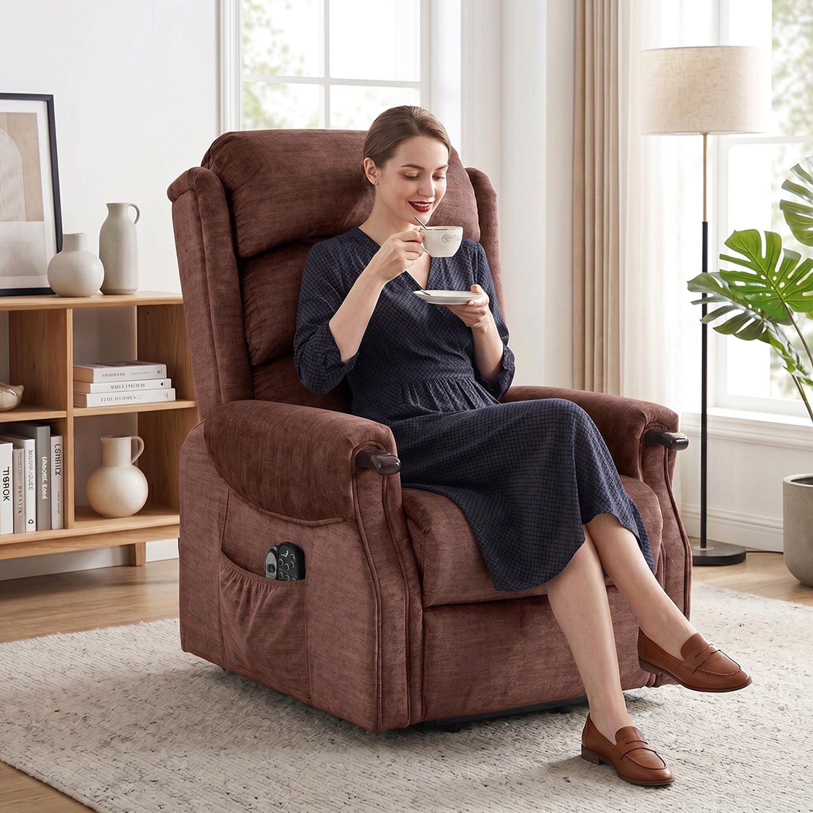 Power Lift Recliner Chair With Vibration And Heat, Wood Grip | Brown