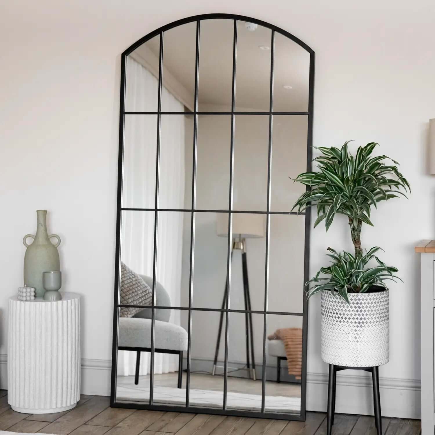 Tomi - Metal Arched Lattice Window Mirror | 150cm x 60cm | Black