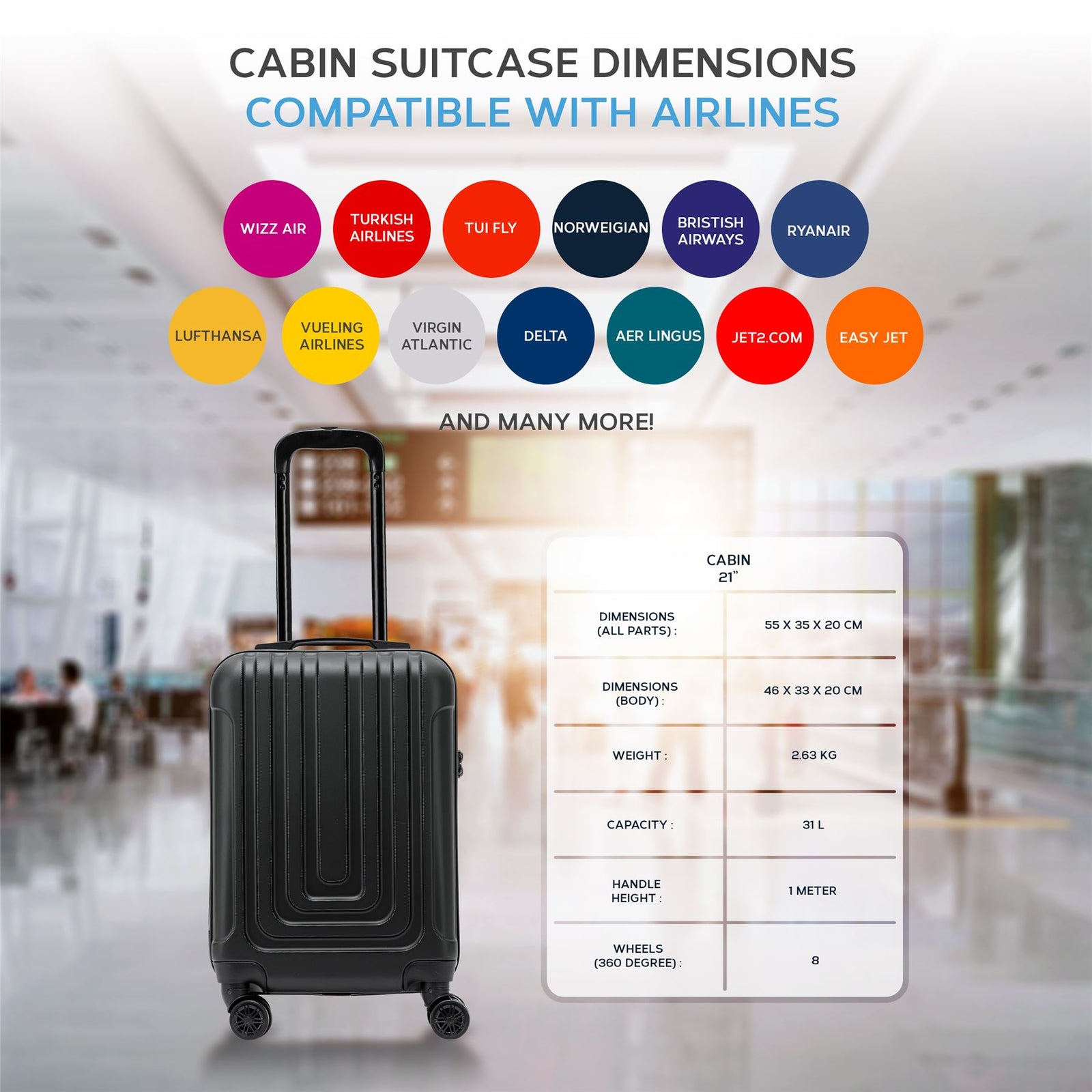 55x35x20cm Cabin Carry Bag Hard Shell Suitcase 100+ Airline Approved | Cabin | Black