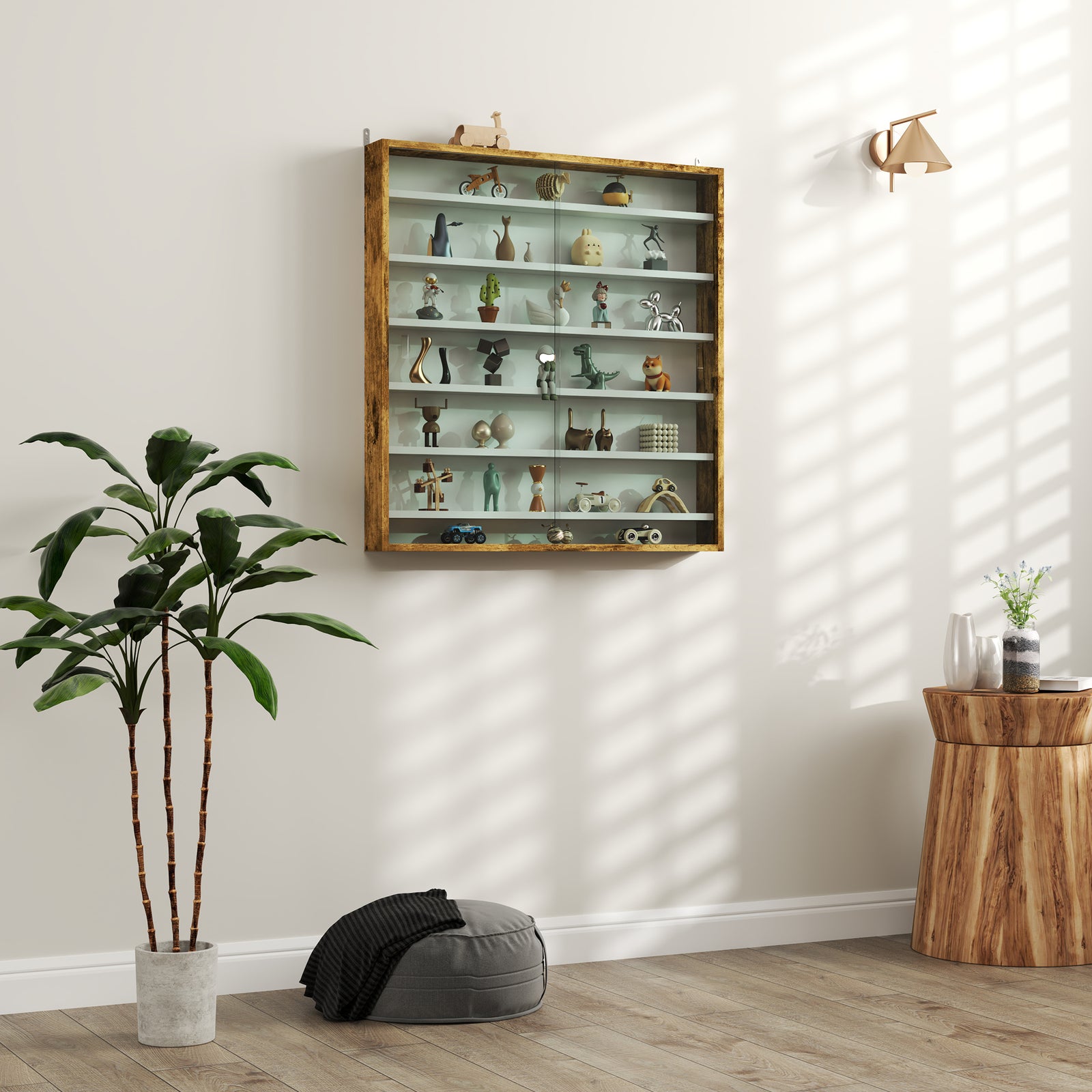 7-tier Wall Display Cabinet W/ Shelves Glass Doors | Brown