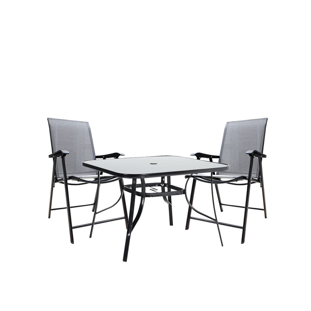 3 Pcs Bistro Set Glass Top Tempered Glass Garden Table With Foldable Chairs