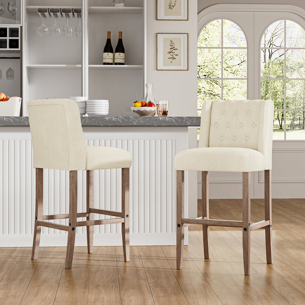 Elegant Set Of 2 Bar Stools Linen Tufted With Wood Legs & Low Back | Beige