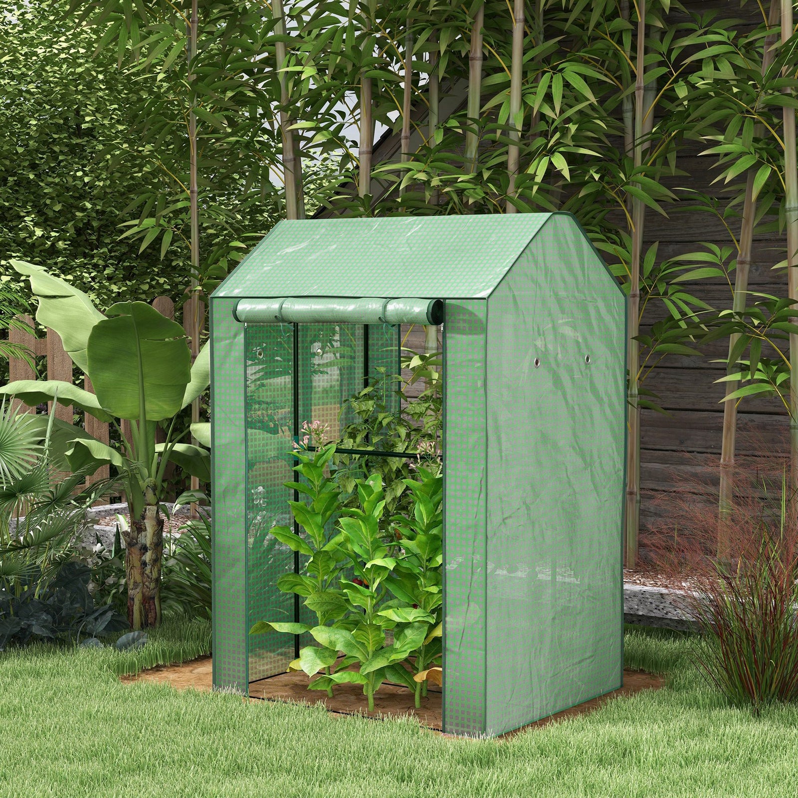 2-room Mini Greenhouse W/ Roll-up Doors & Pe Cover