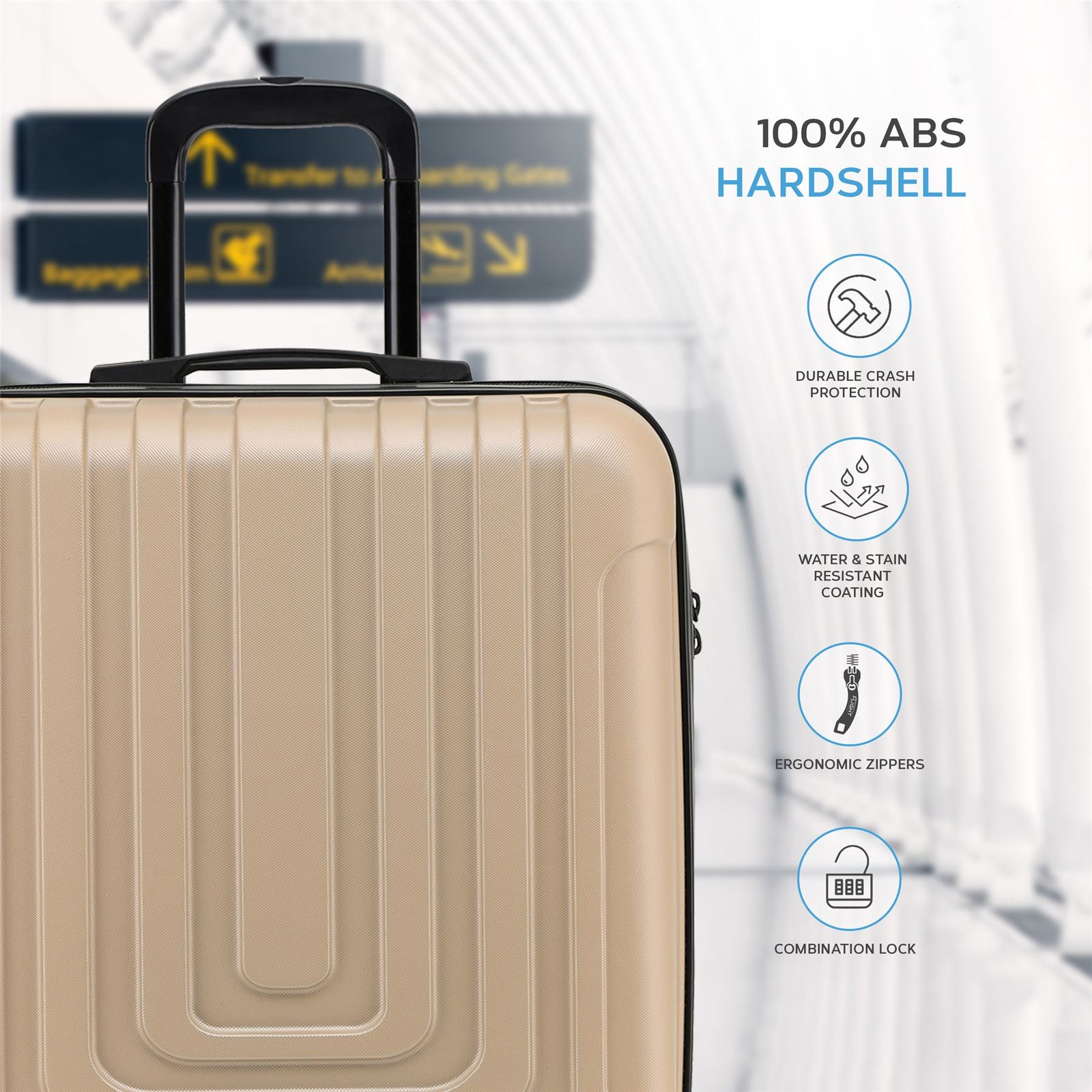 56x45x25cm Large Cabin Carry On Case - Overhead Luggage Suitcase - 4 Spinner Wheels - Abs Hard Shell Cabin Bag | Cabin | Champagne