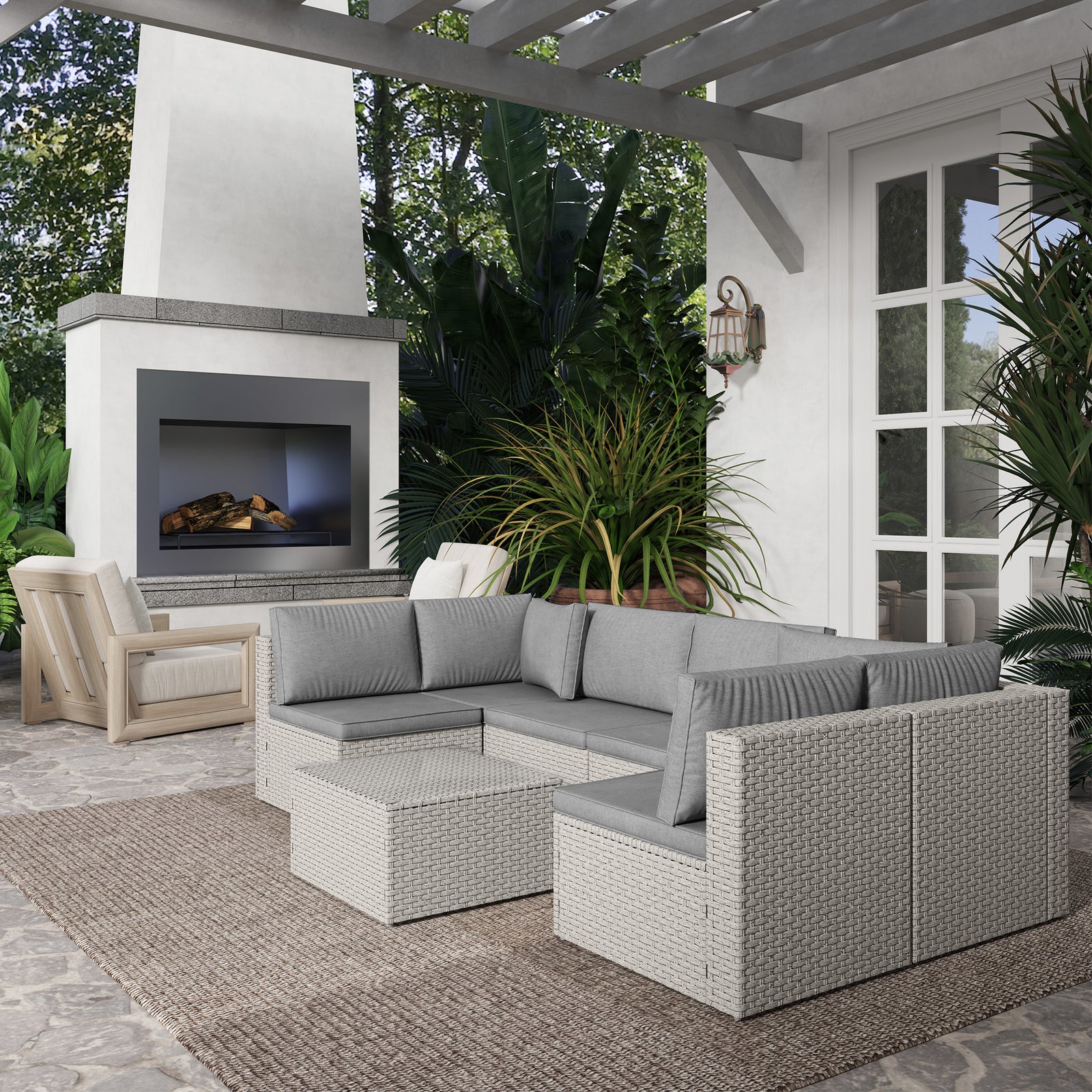 Outsunny 7 Piece Rattan Set, 6 Seater Corner Sofa