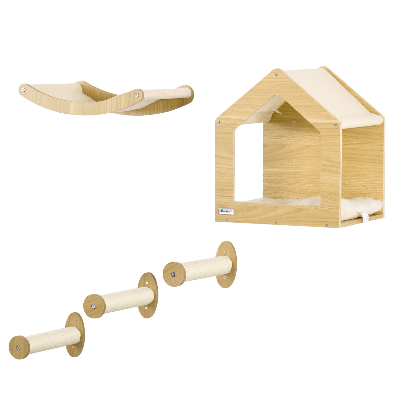 5pcs Wall Mounted Cat Tree Cat Climbing Shelf Set Scratching Post, Oak