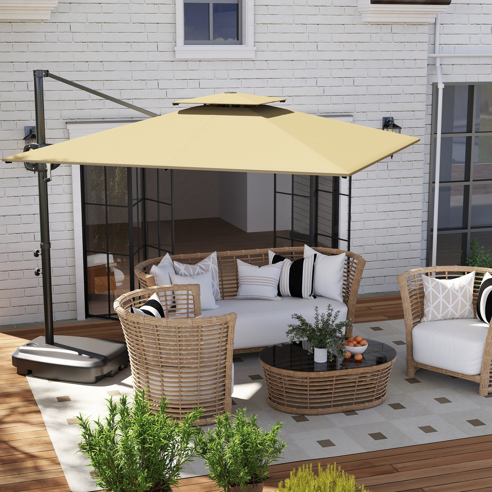 Garden Cantilever Parasol W/ Weighted Base Tilt Crank | Khaki