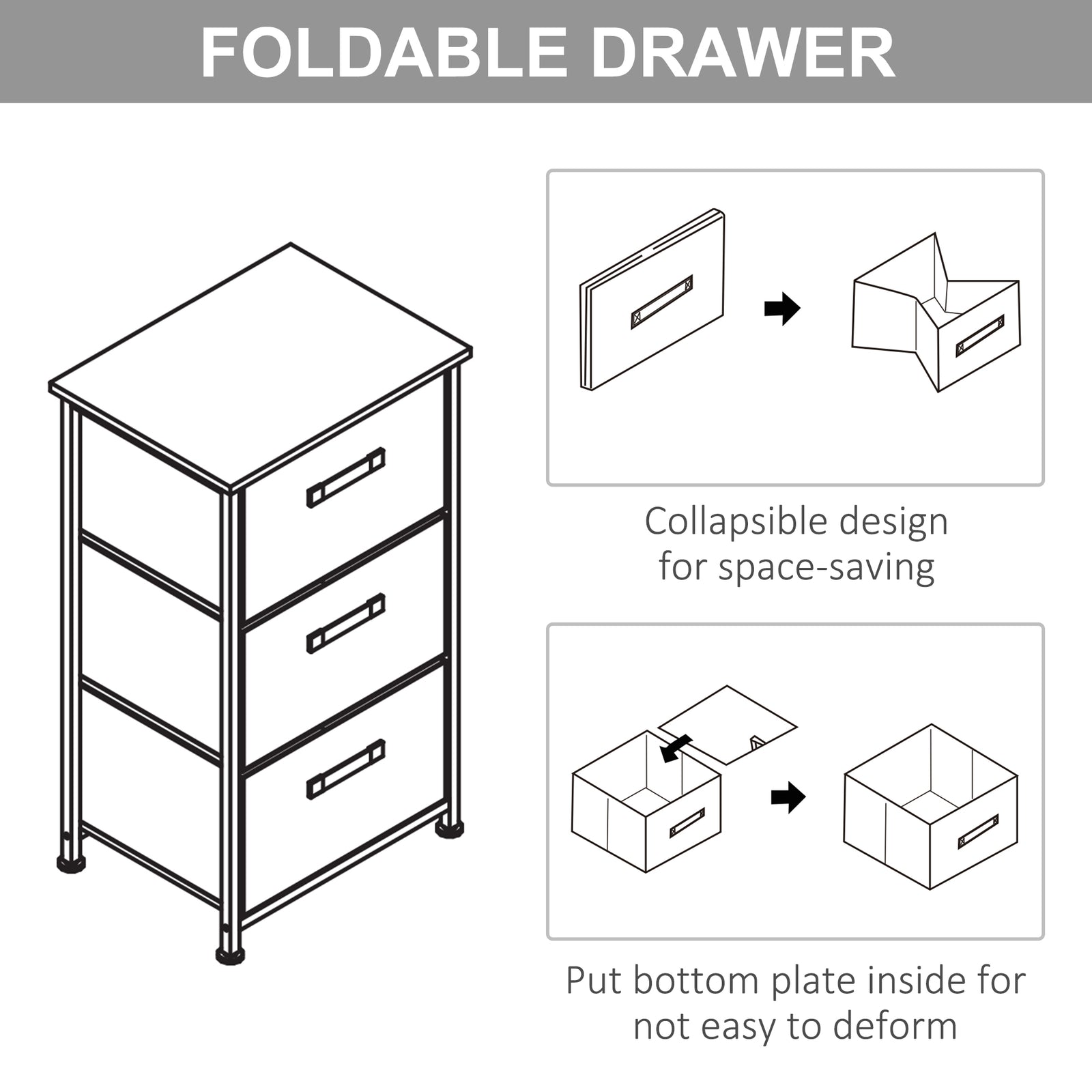 3-tier Storage Dresser Tower Adjustable Feet Steel Frame