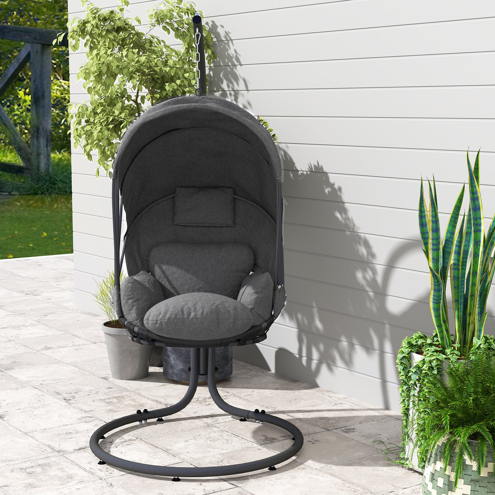 Hanging Egg Chair W/ Stand Retractable Canopy, Grey