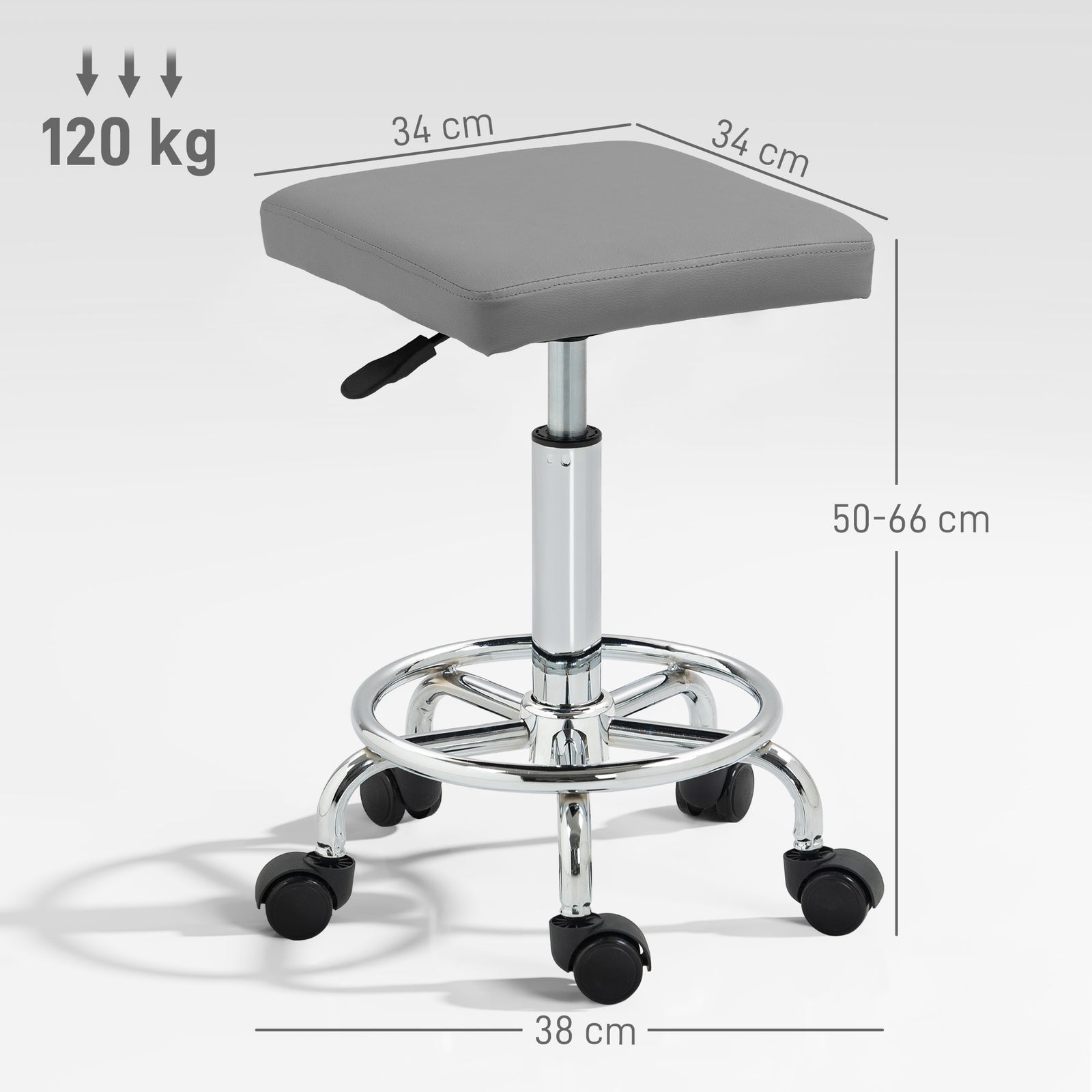 Pu Leather Rolling Stool, Adjustable | Grey
