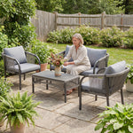 4 Piece Rattan Garden Furniture Set W/ Steel Frame, Cushions, Grey
