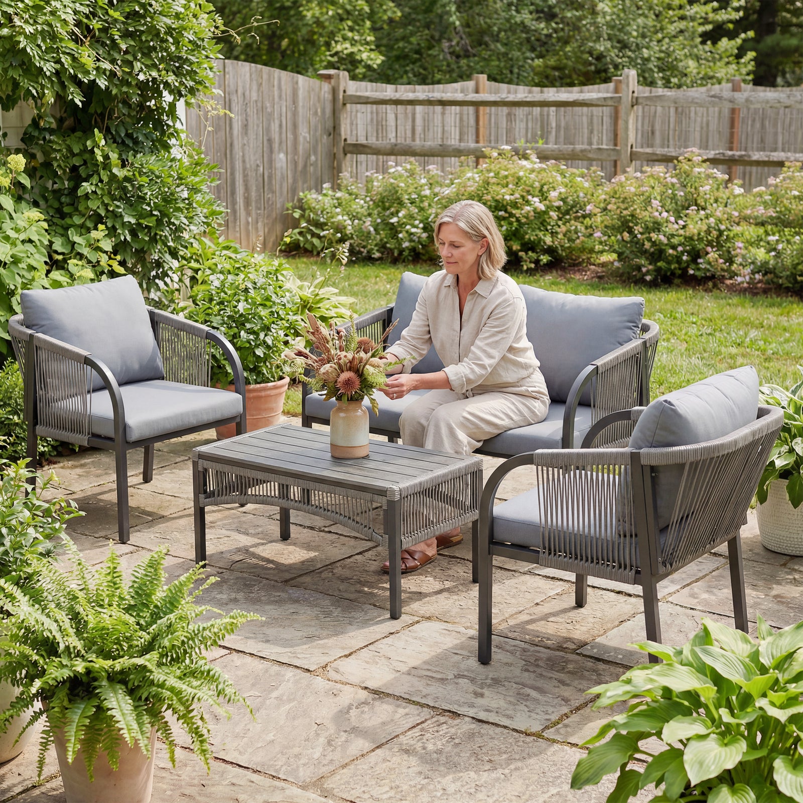 4 Piece Rattan Garden Furniture Set W/ Steel Frame, Cushions, Grey