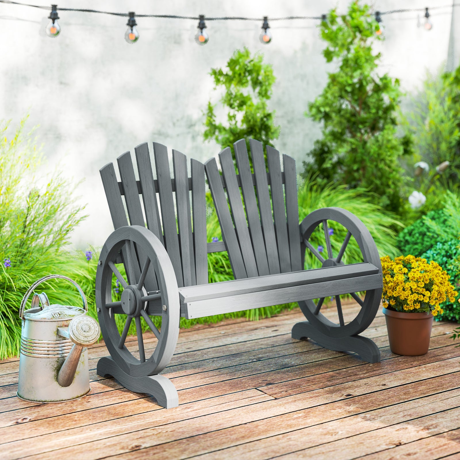 2 Seater Garden Bench W/ Wheel-shaped Armrests Grey