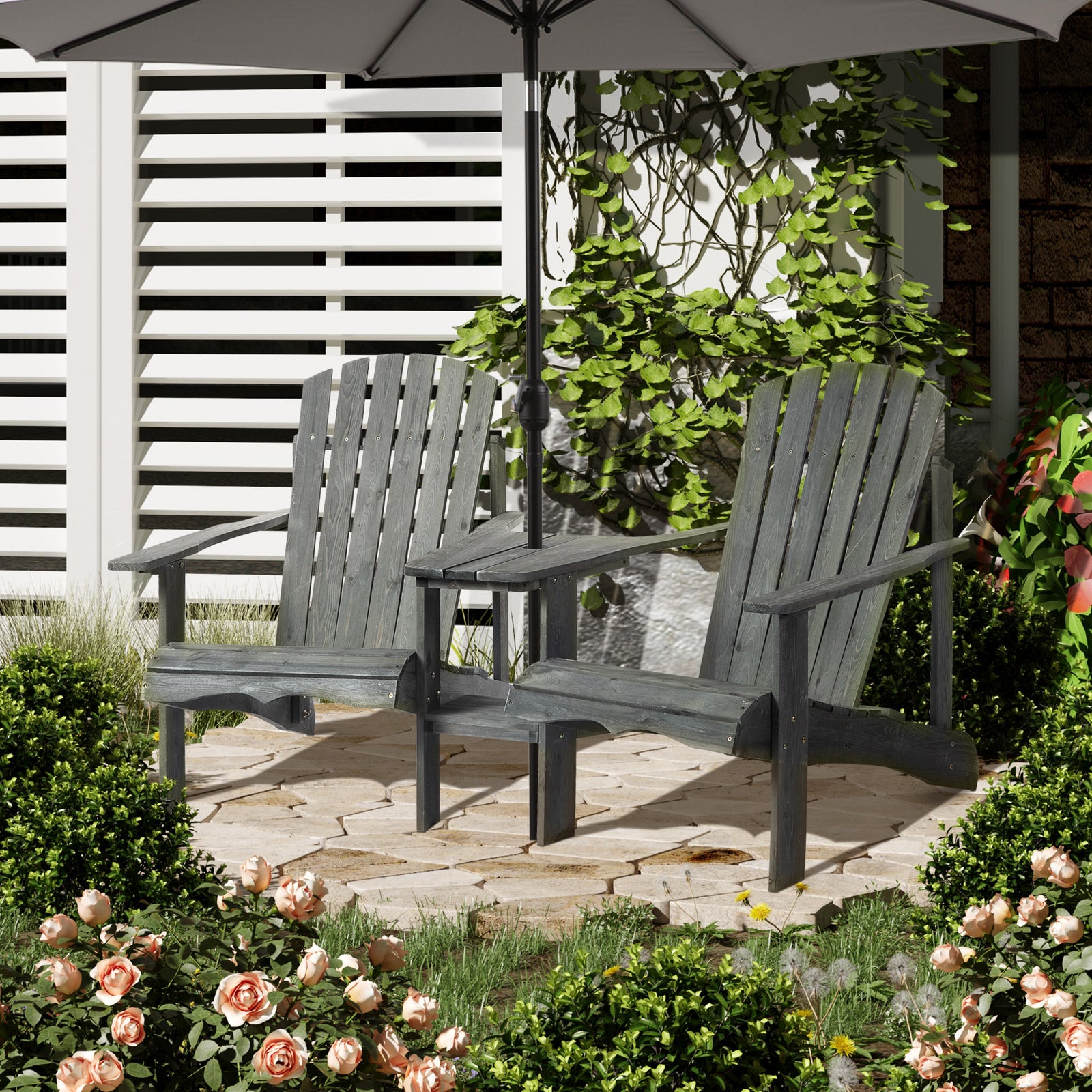 Wooden Double Adirondack Chair W/ Table & Umbrella Hole | Gray