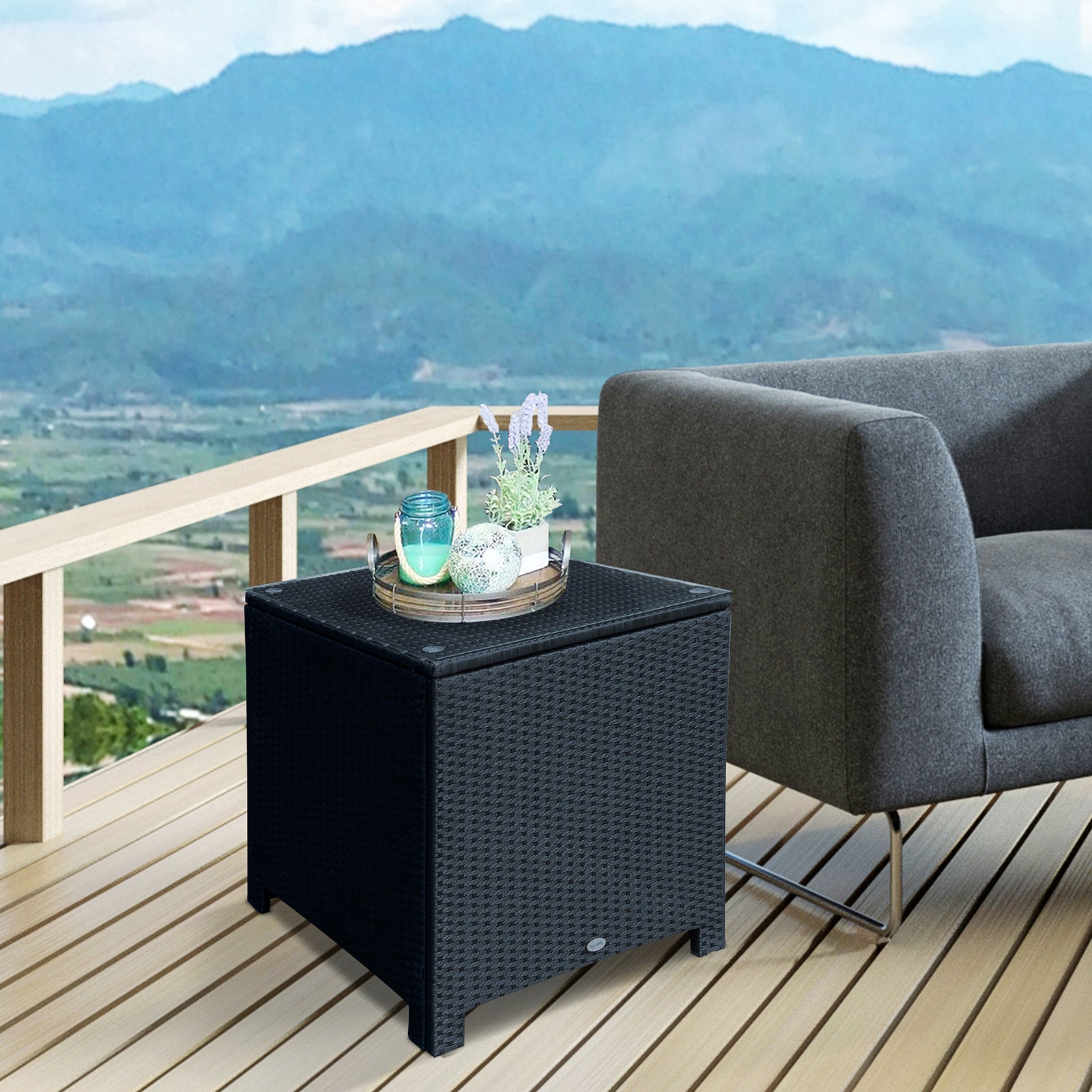 Rattan Garden Side Table Wicker Patio With Tempered Glass | Black