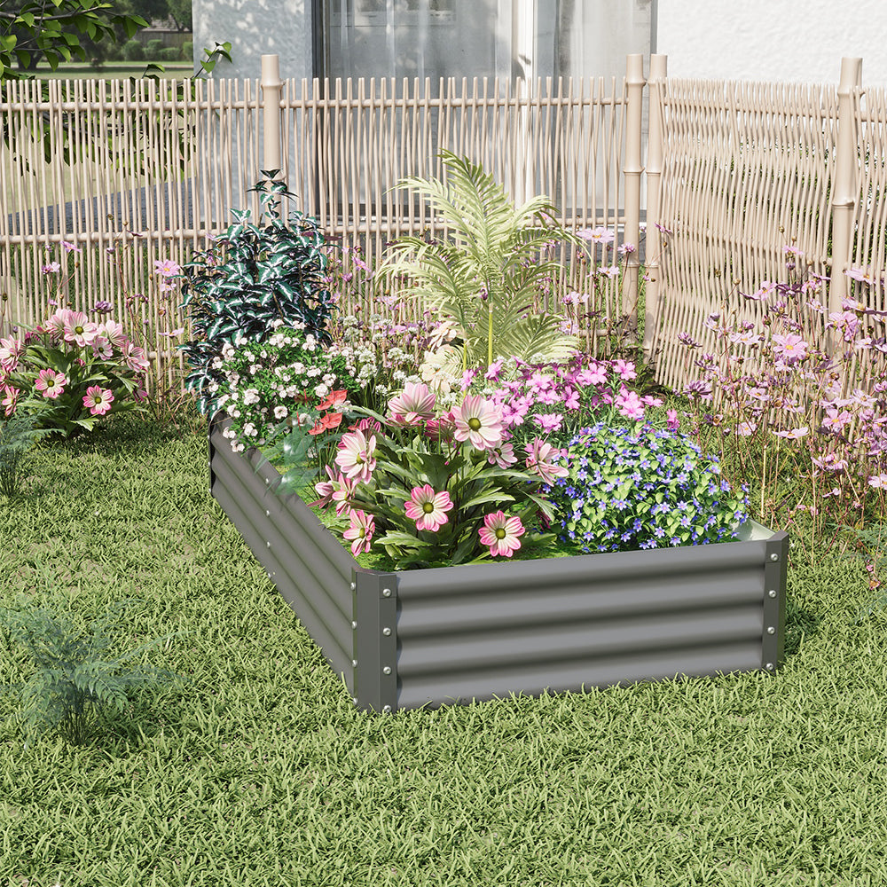 Rectangular Garden Bed – Durable Steel Raised Planter With Safe Edges,180cm W X 90cm D X 30cm H, 2 Support Bars | Grey