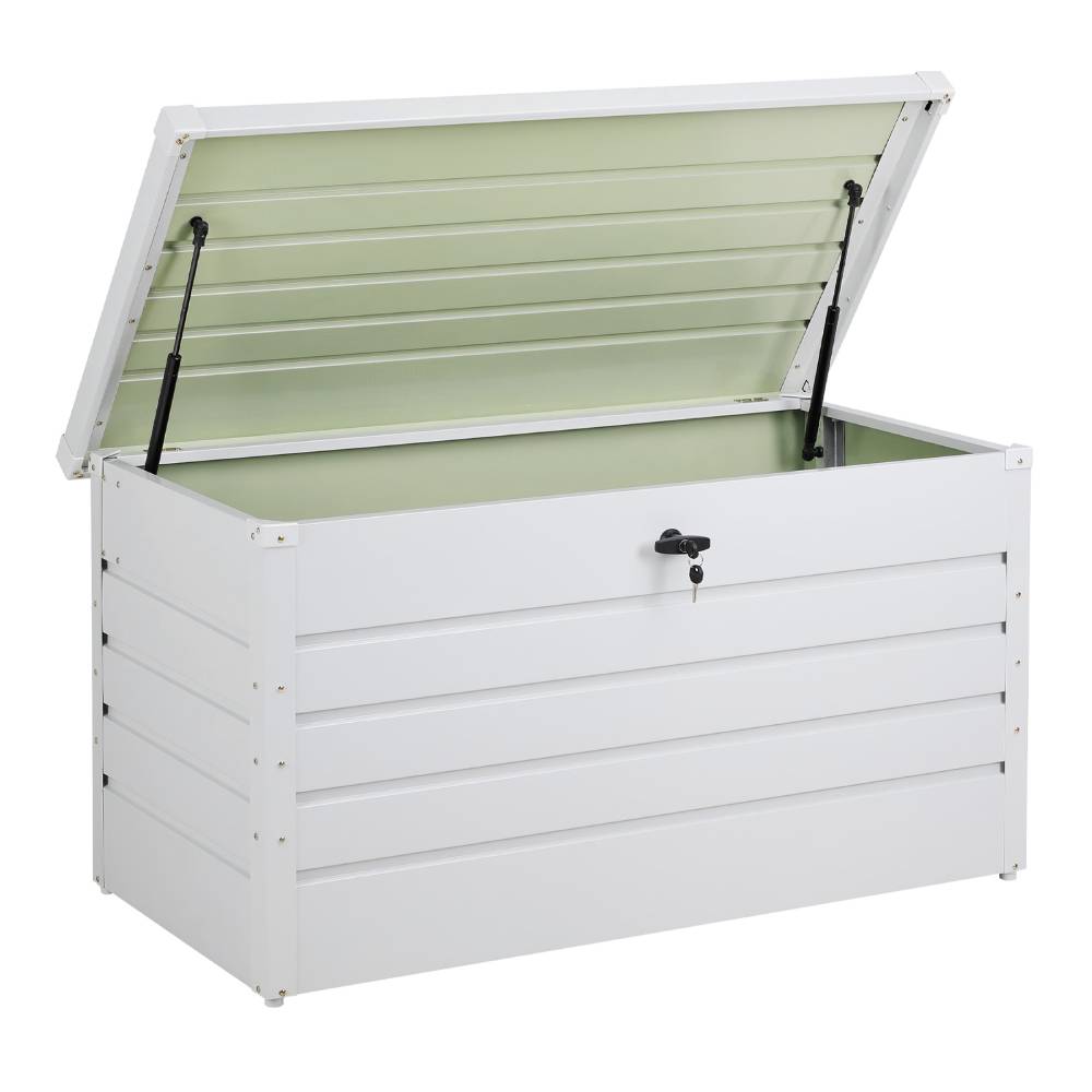 350l Lockable Steel Storage Box – Weatherproof Outdoor Garden Tool Chest Durable Waterproof Yard Storage Container | White