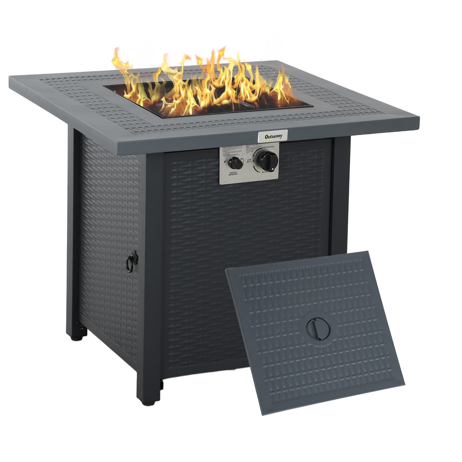 Outdoor Propane Gas Fire Pit Table W/ Lid And Lava Rocks