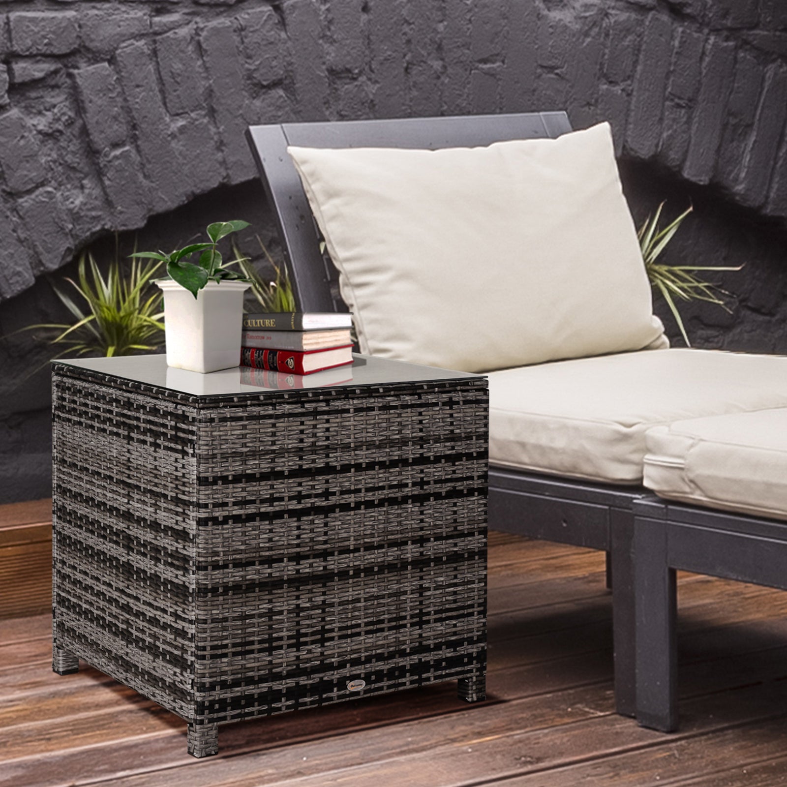 Rattan Garden Side Table Wicker Patio With Tempered Glass