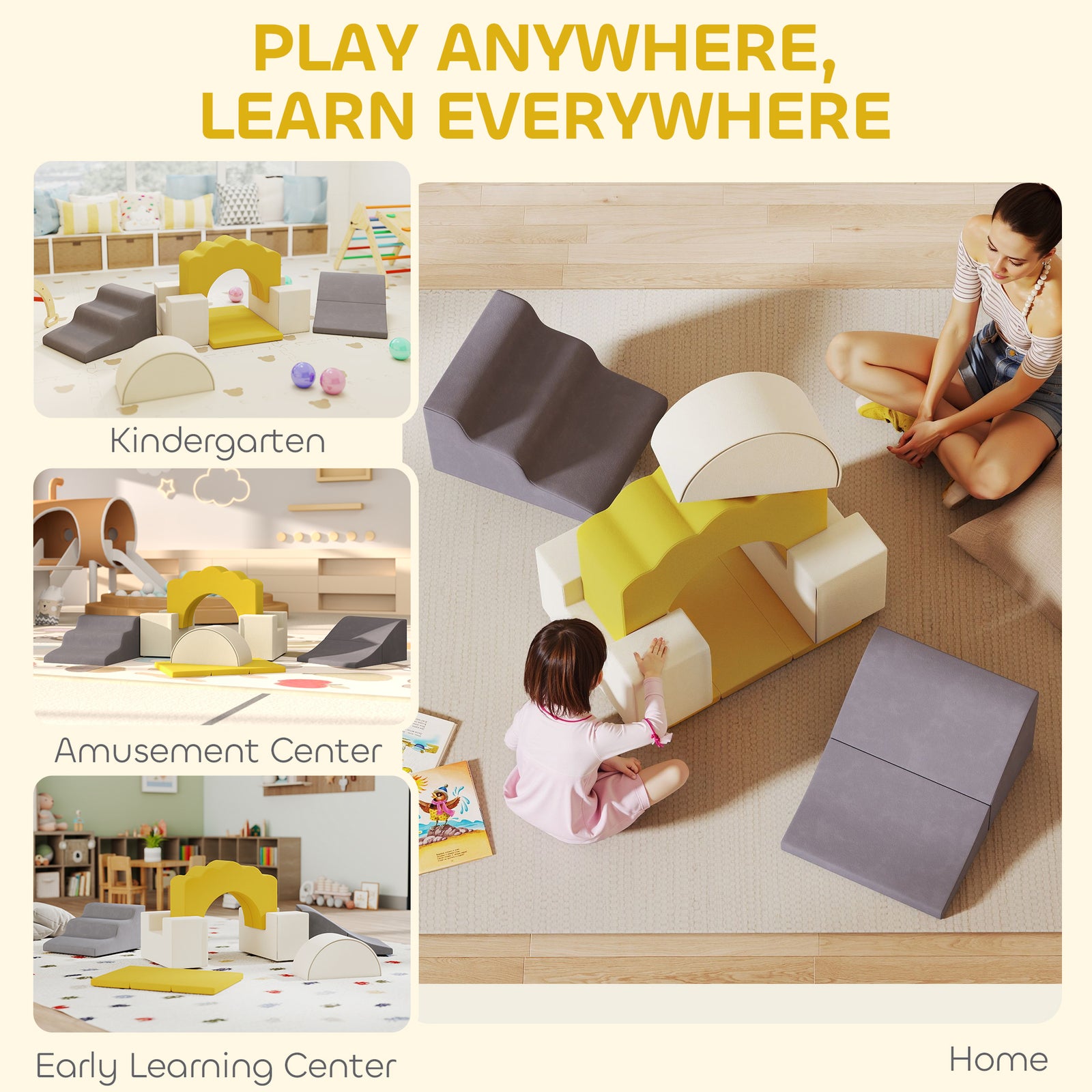 Kids Soft Play Set, 7 Piece Foam Climbing Blocks | Yellow