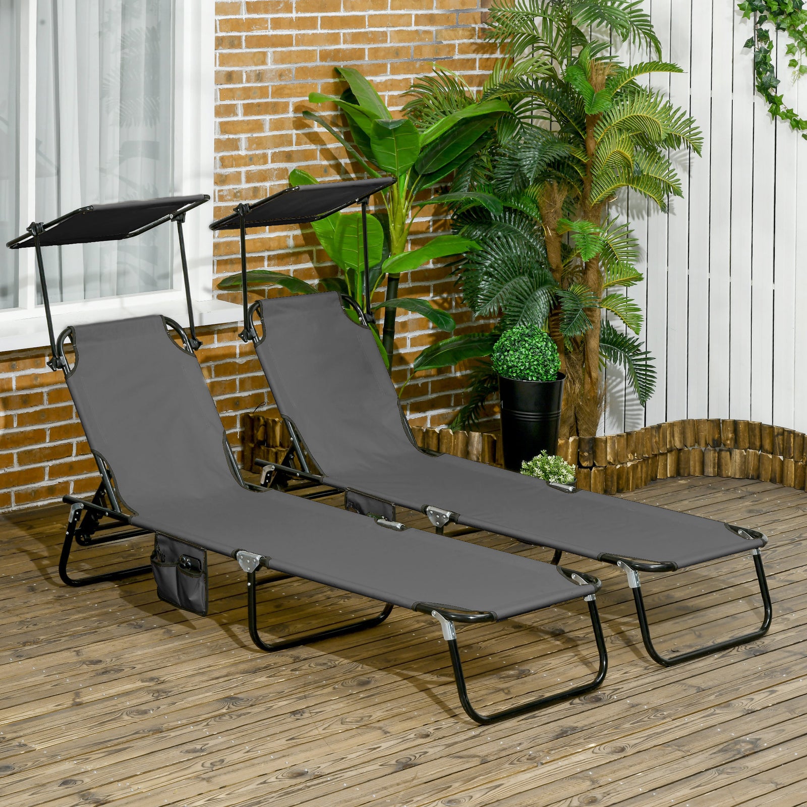 2 Piece Folding Sun Loungers With Adjustable Backrest | Dark Gray