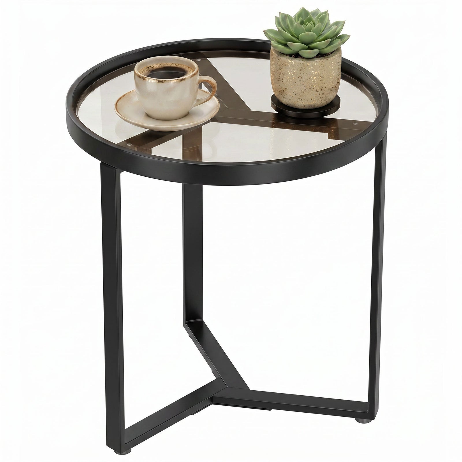 Round Side Table With Tempered Glass Top And Metal Frame | Black