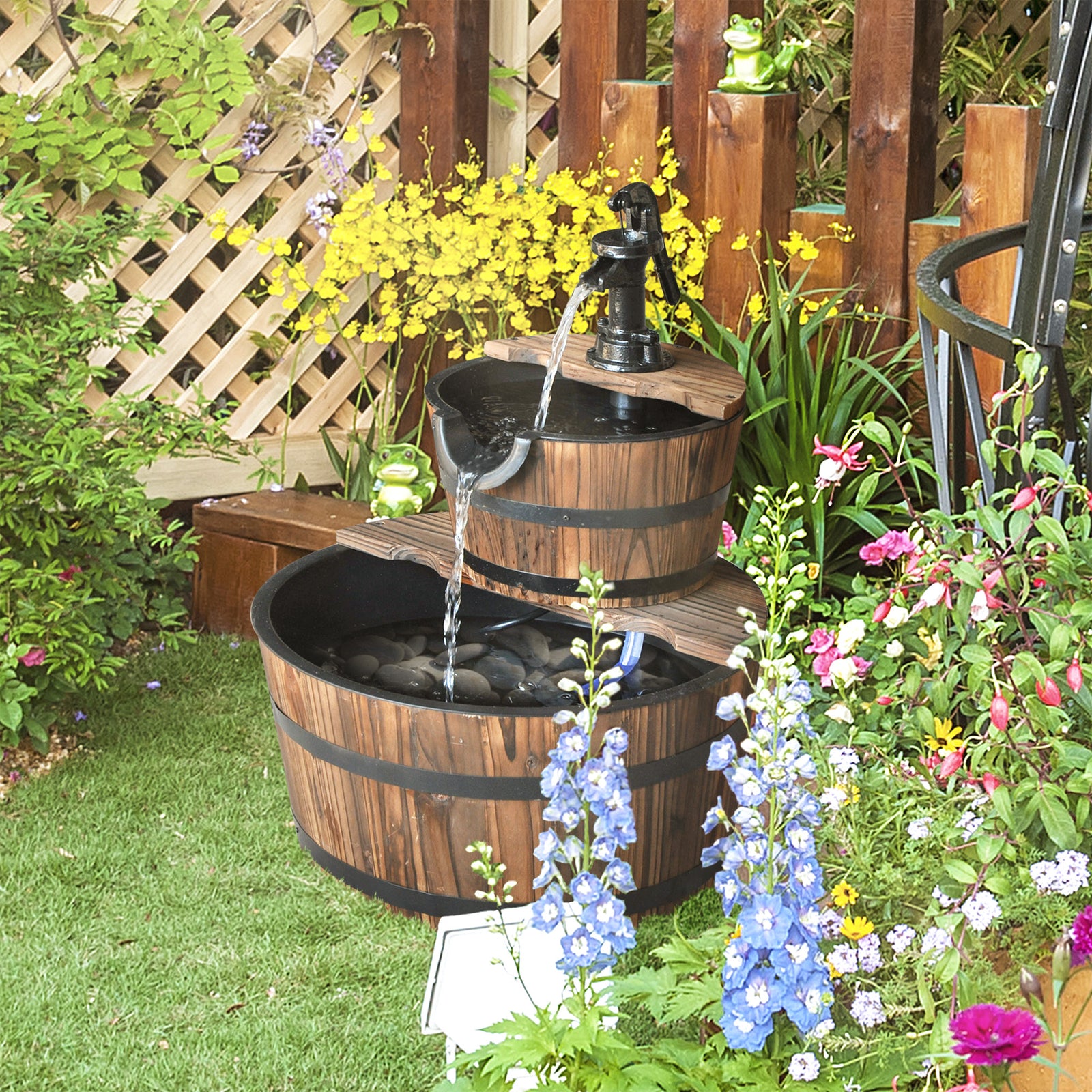 2 Tier Wood Barrel Water Pump Fountain, Garden Decor