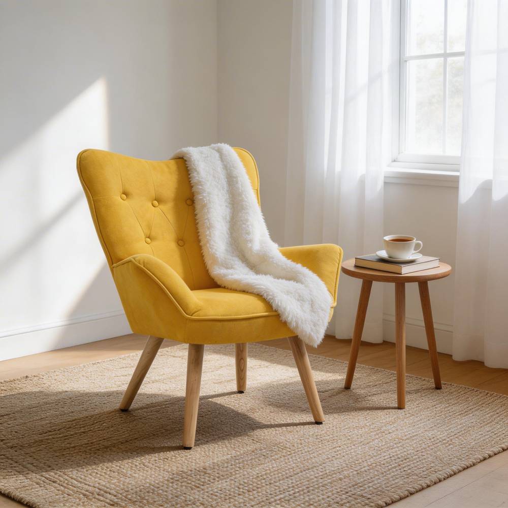 Mustard Yellow Tufted Button Linen Armchair With Wooden Legs