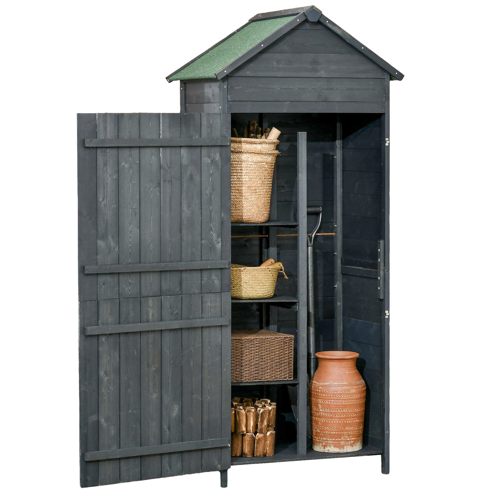 Wooden Garden Shed Outdoor Shelves Utility Tool Storage | Gray
