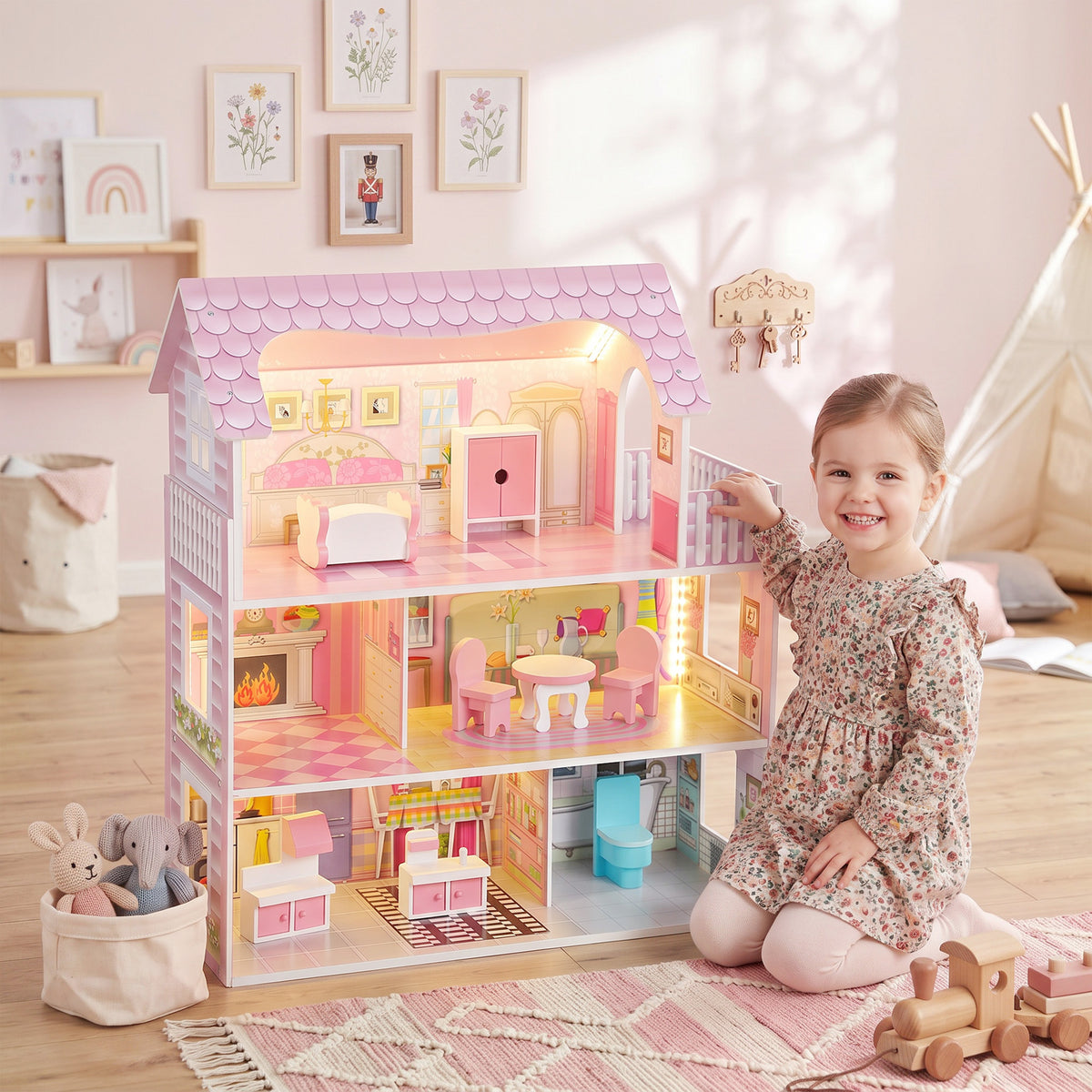 Dolls House With 8 Pieces Accessories, 3-level For 3-6 Years, Pink