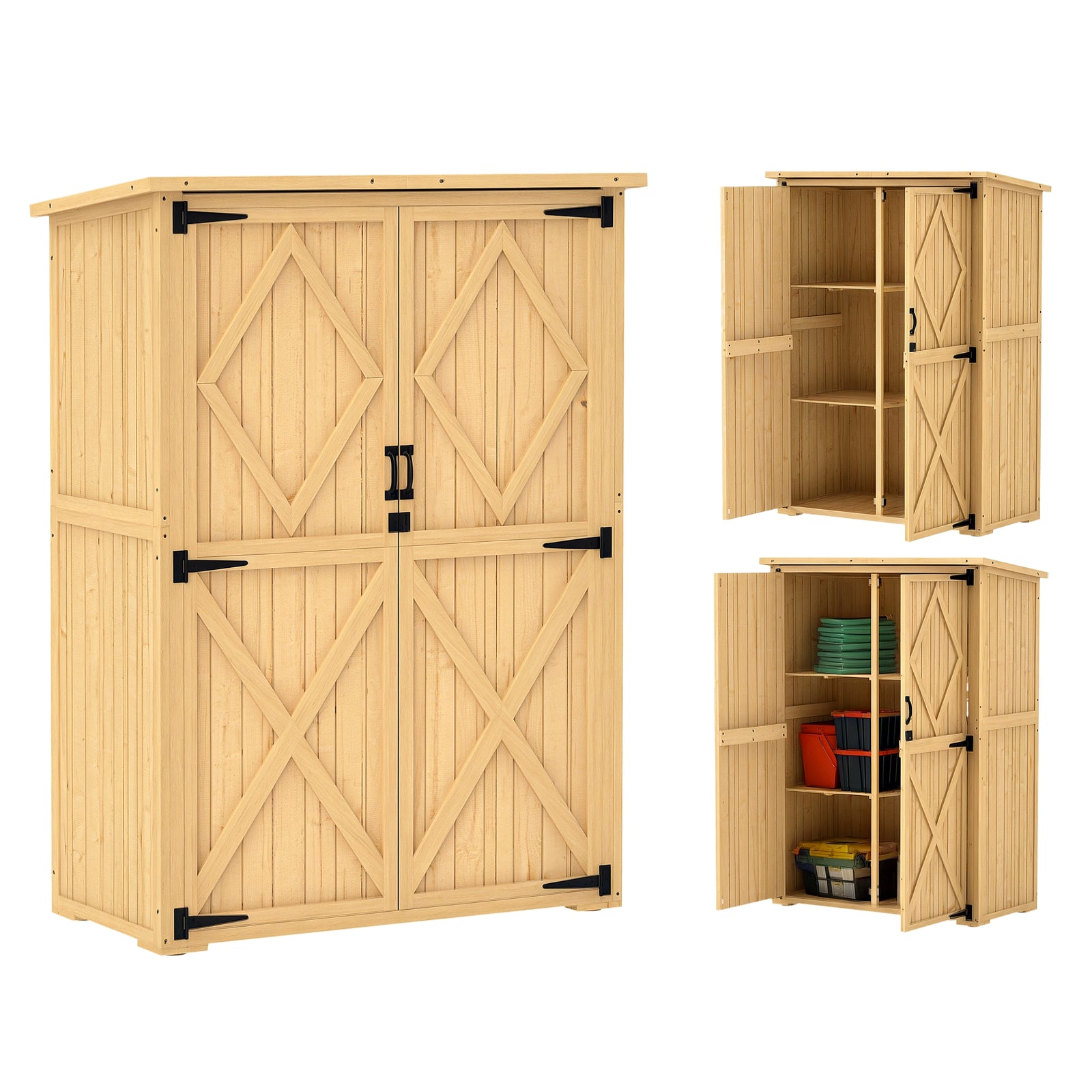 Wooden Tool Storage Cabinet With Double Doors, Natural