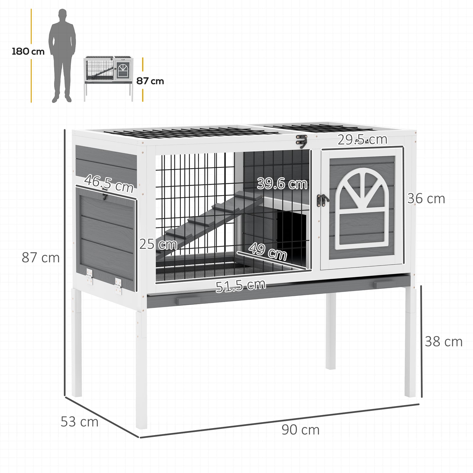 Rabbit Hutch Guinea Pig Cage W/ Removable Tray, Openable Roof, Grey