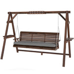 3 Seater Wooden Garden Swing Seat Chair With Side Trays And Cushion
