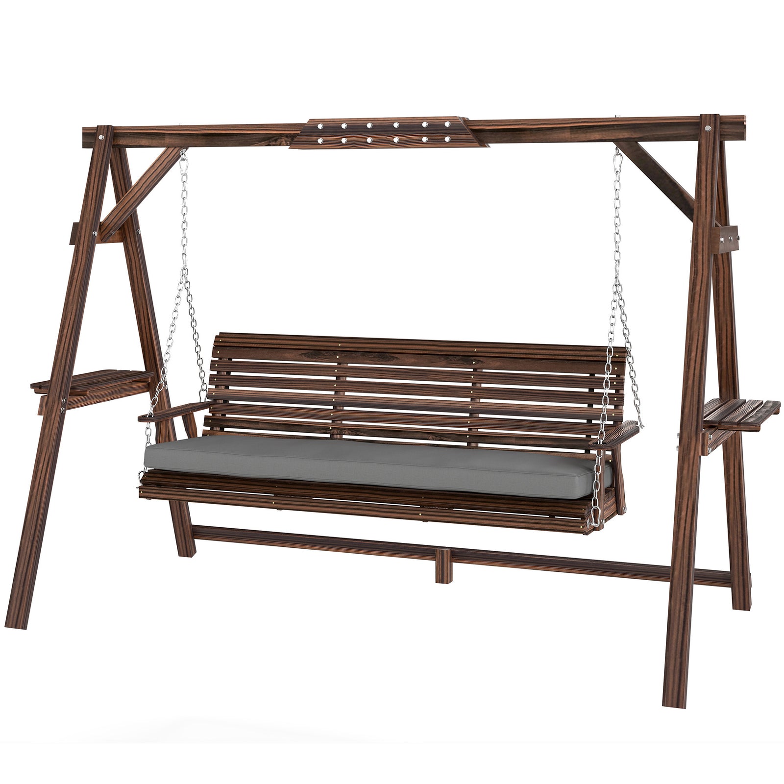 3 Seater Wooden Garden Swing Seat Chair With Side Trays And Cushion