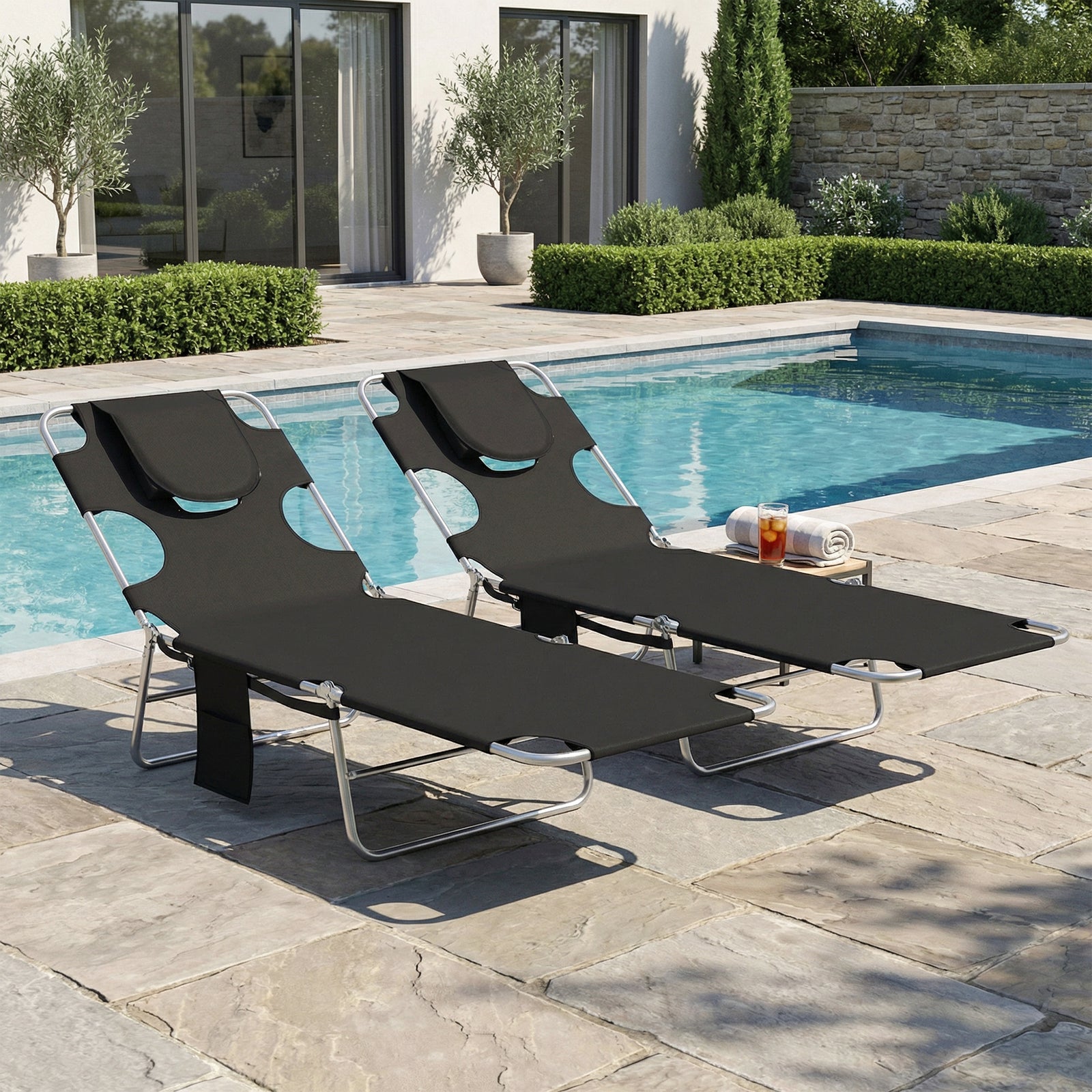2 Sun Loungers With Reading Hole, Folding Garden Lounger | Black