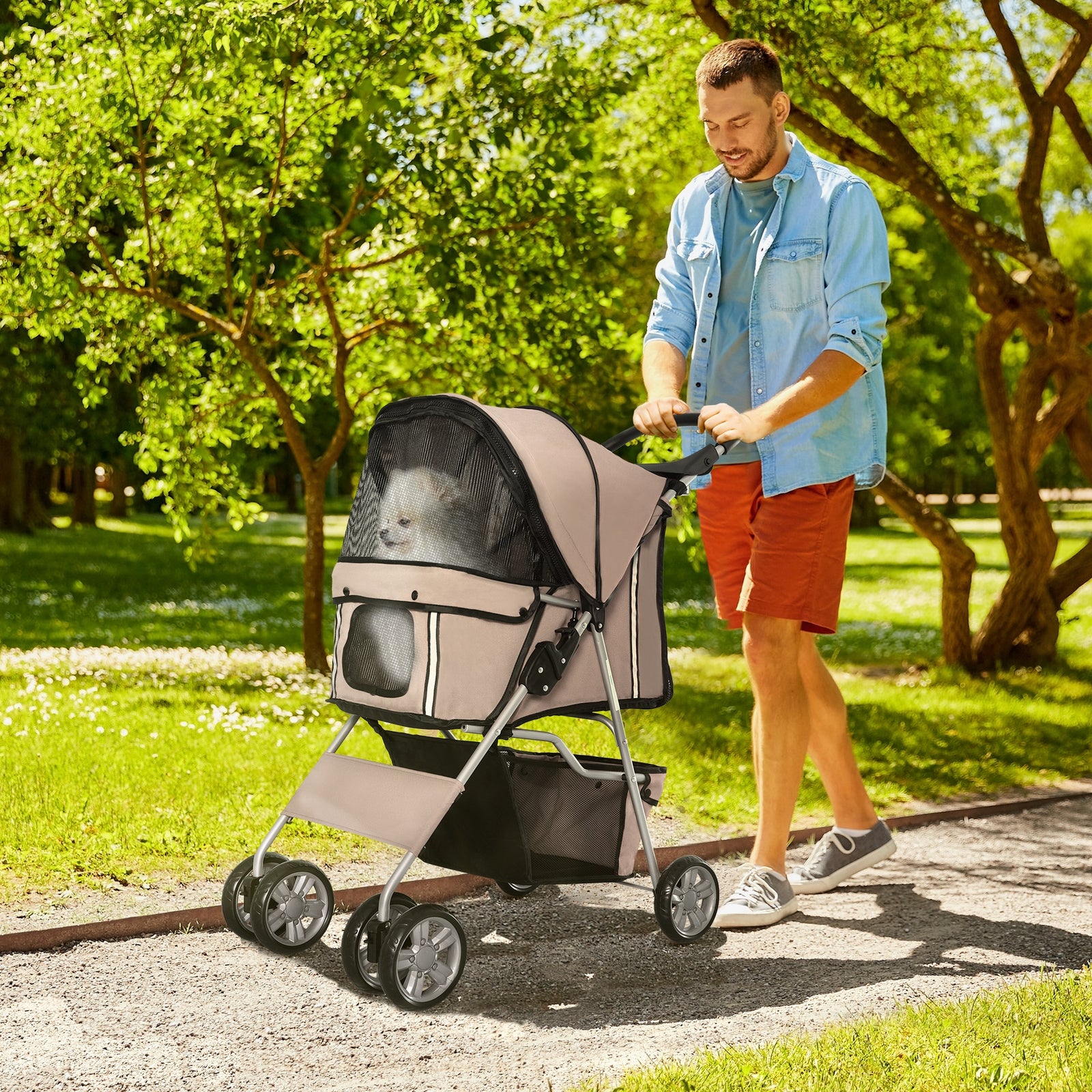 Pet Stroller Carrier Foldable Deluxe Jogger Walk Travel Dog Cat | Brown