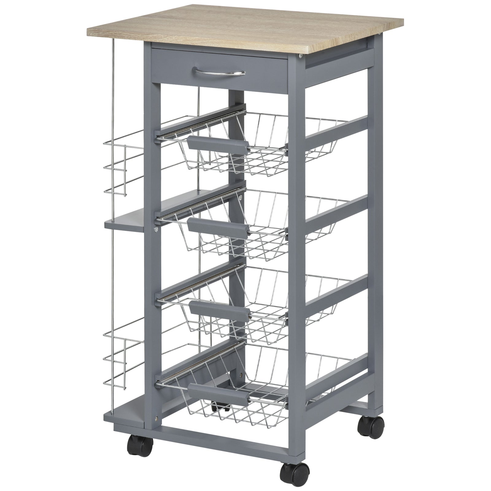 Kitchen Island Trolley W/ 4 Baskets 2 Side Racks Drawer