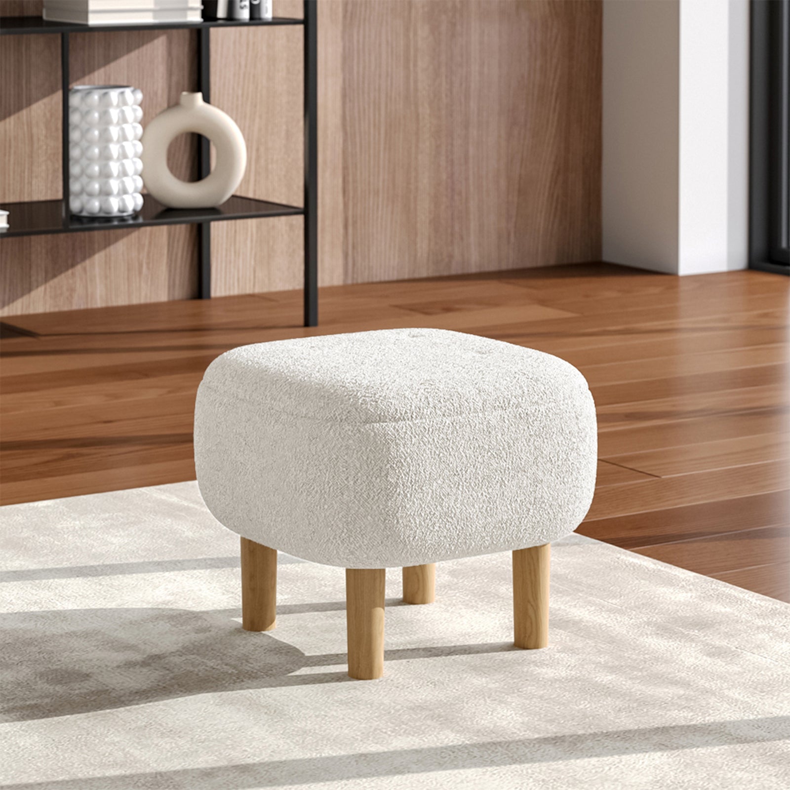 Teddy Fleece Footstool With Rubberwood Legs & Felt Pads | White