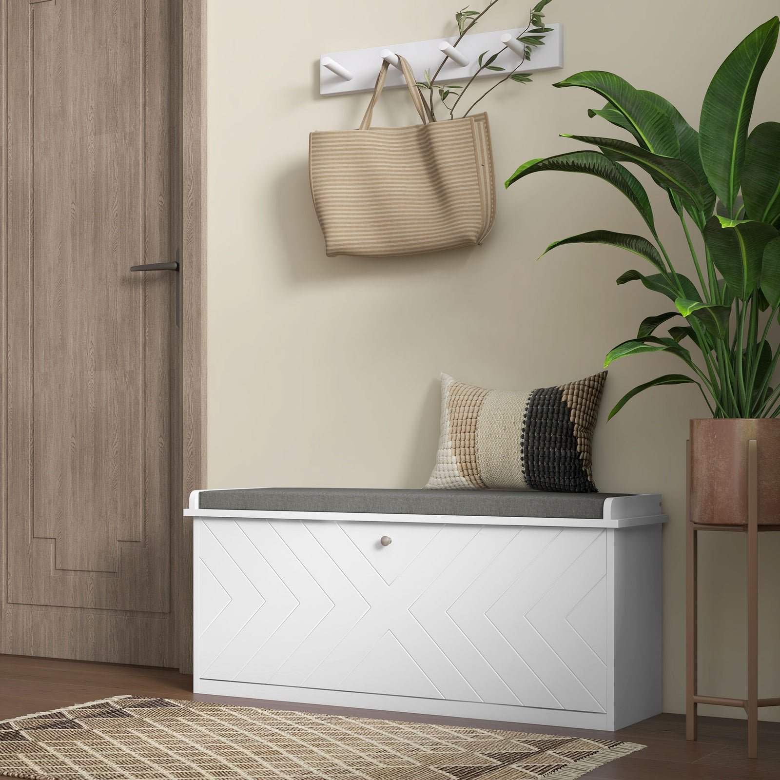 Shoe Bench With Flip Drawer, Cushion, 10 Pairs For Entryway